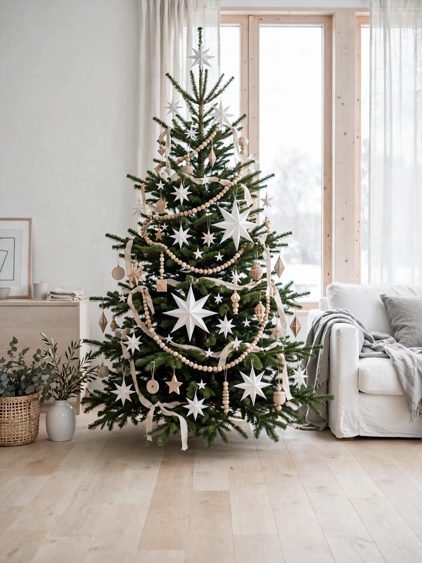 Christmas tree themes for 2026: evergreen with white paper stars, wooden bead garland, and linen ribbon in a bright Scandinavian living room