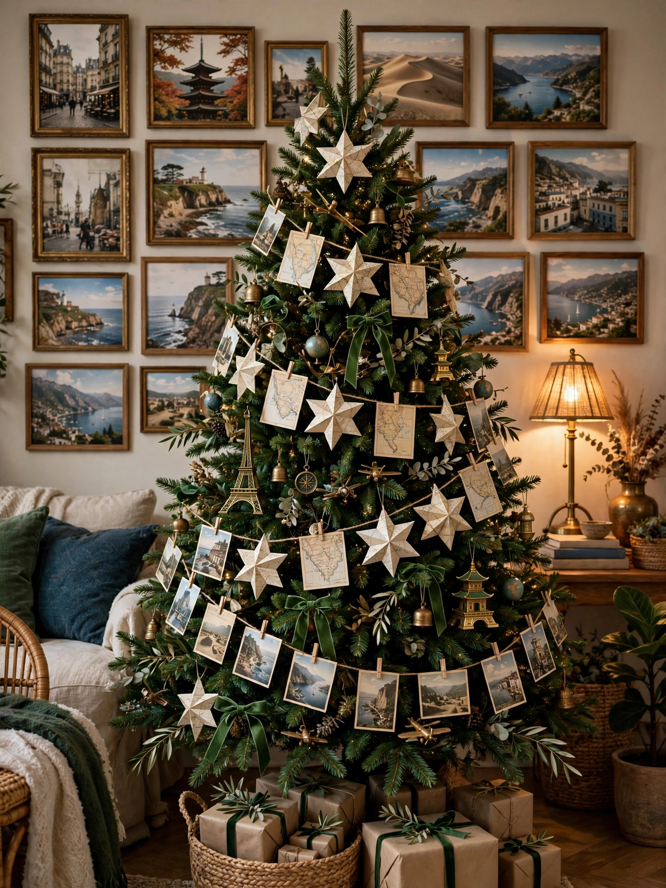 Christmas tree themes for 2026: evergreen with map paper ornaments, postcard garland, and tiny landmark miniatures beneath a gallery wall