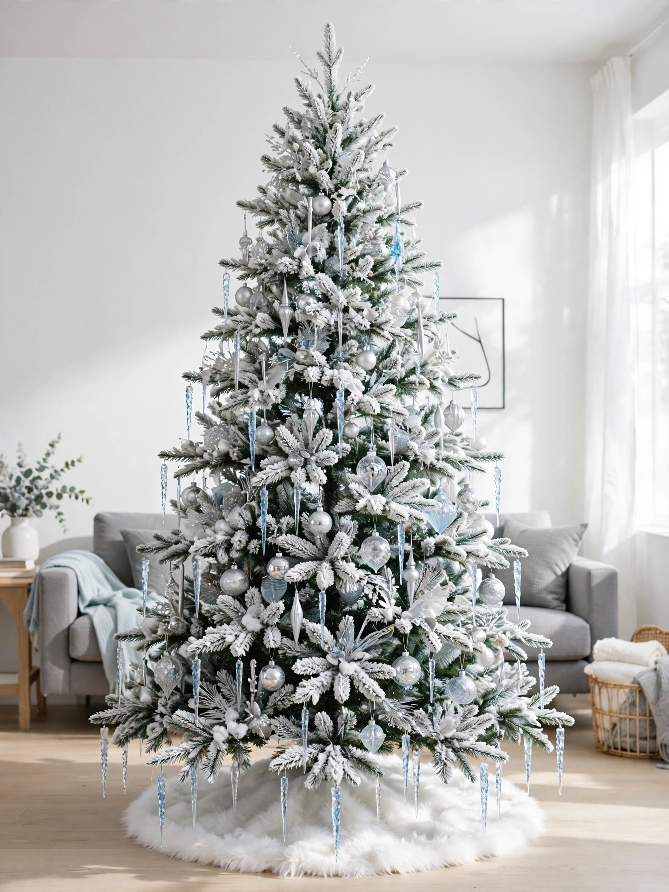 Christmas tree themes for 2026: white flocked evergreen with silver ornaments and crystal icicle picks in a minimalist living room