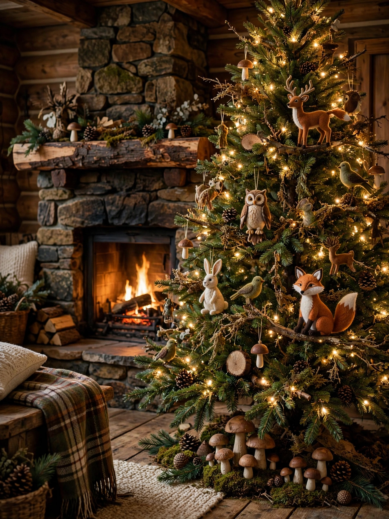 Christmas tree themes for 2026: evergreen with felt animal ornaments, wooden mushrooms, and pinecones beside a stone fireplace