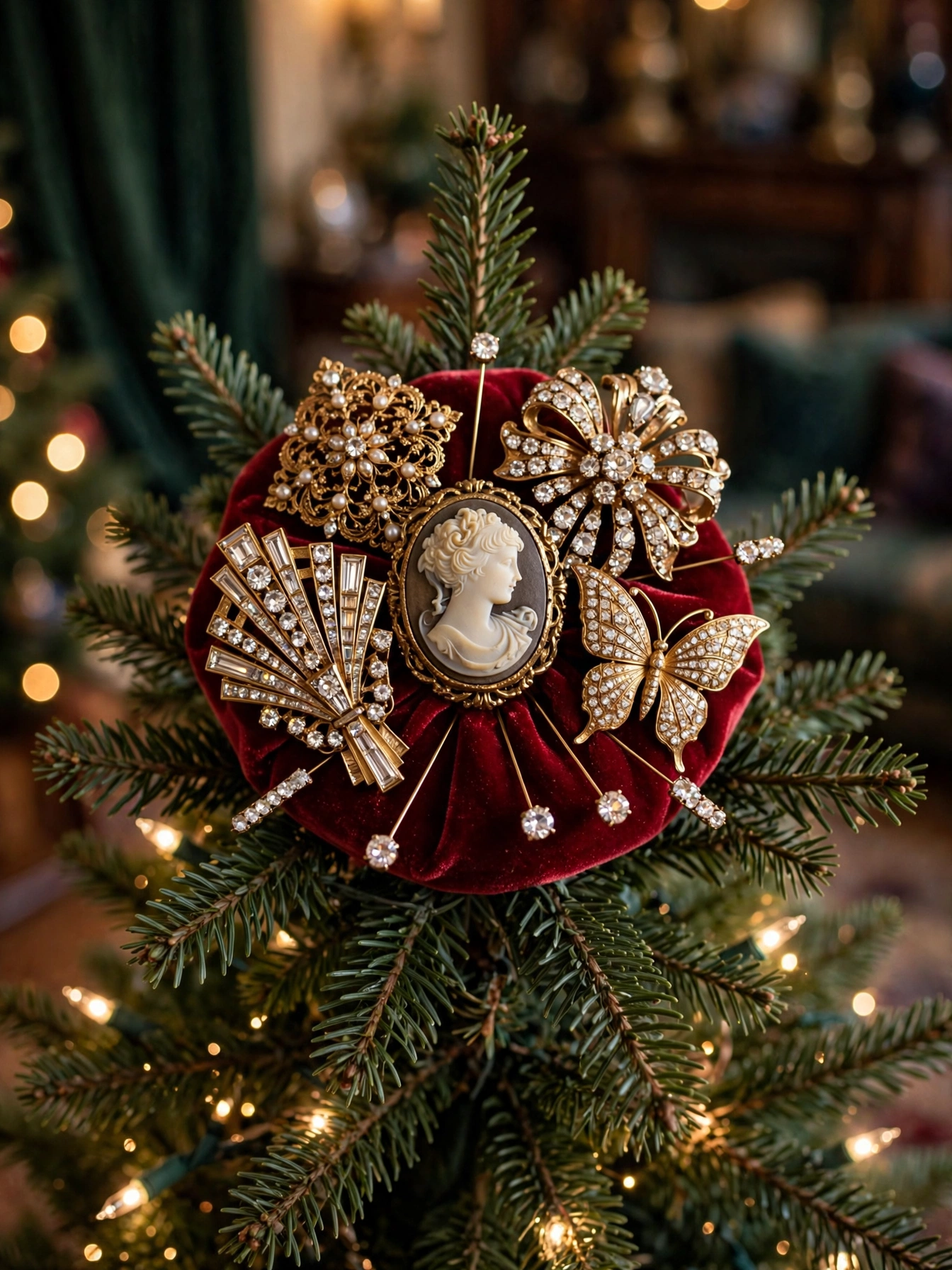 Tree topper of vintage brooches, rhinestone pins and a cameo on a velvet base above a jewel-toned tree, one of the Christmas tree toppers ideas 2026