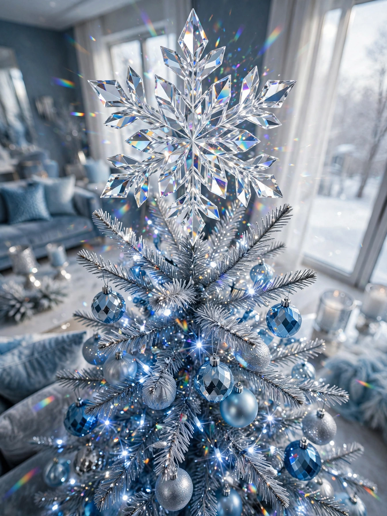 Faceted crystal snowflake tree topper sparkling above a blue and silver tree, one of the Christmas tree toppers ideas 2026
