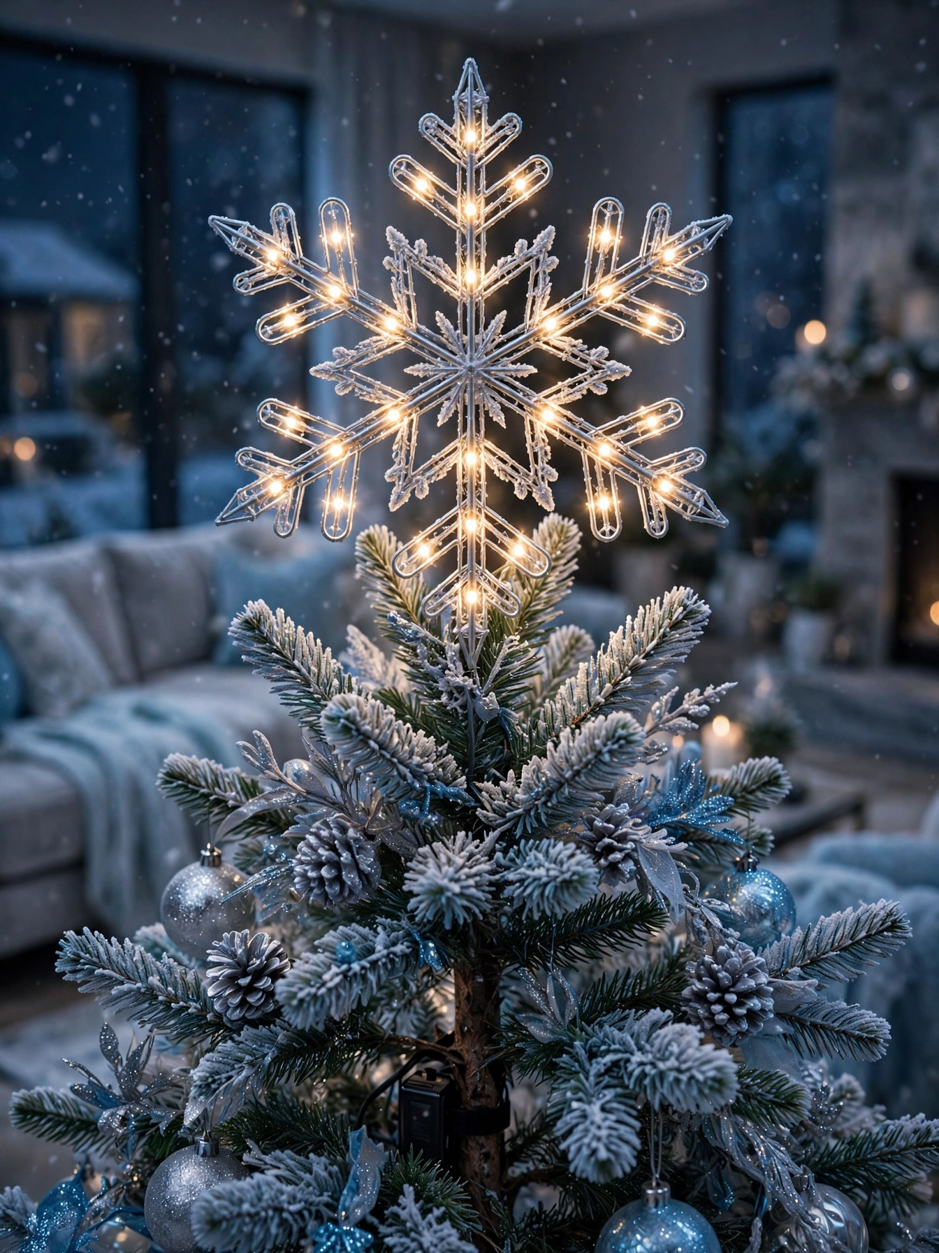Large illuminated snowflake tree topper with warm LED bulbs above a blue and silver tree at night, one of the Christmas tree toppers ideas 2026
