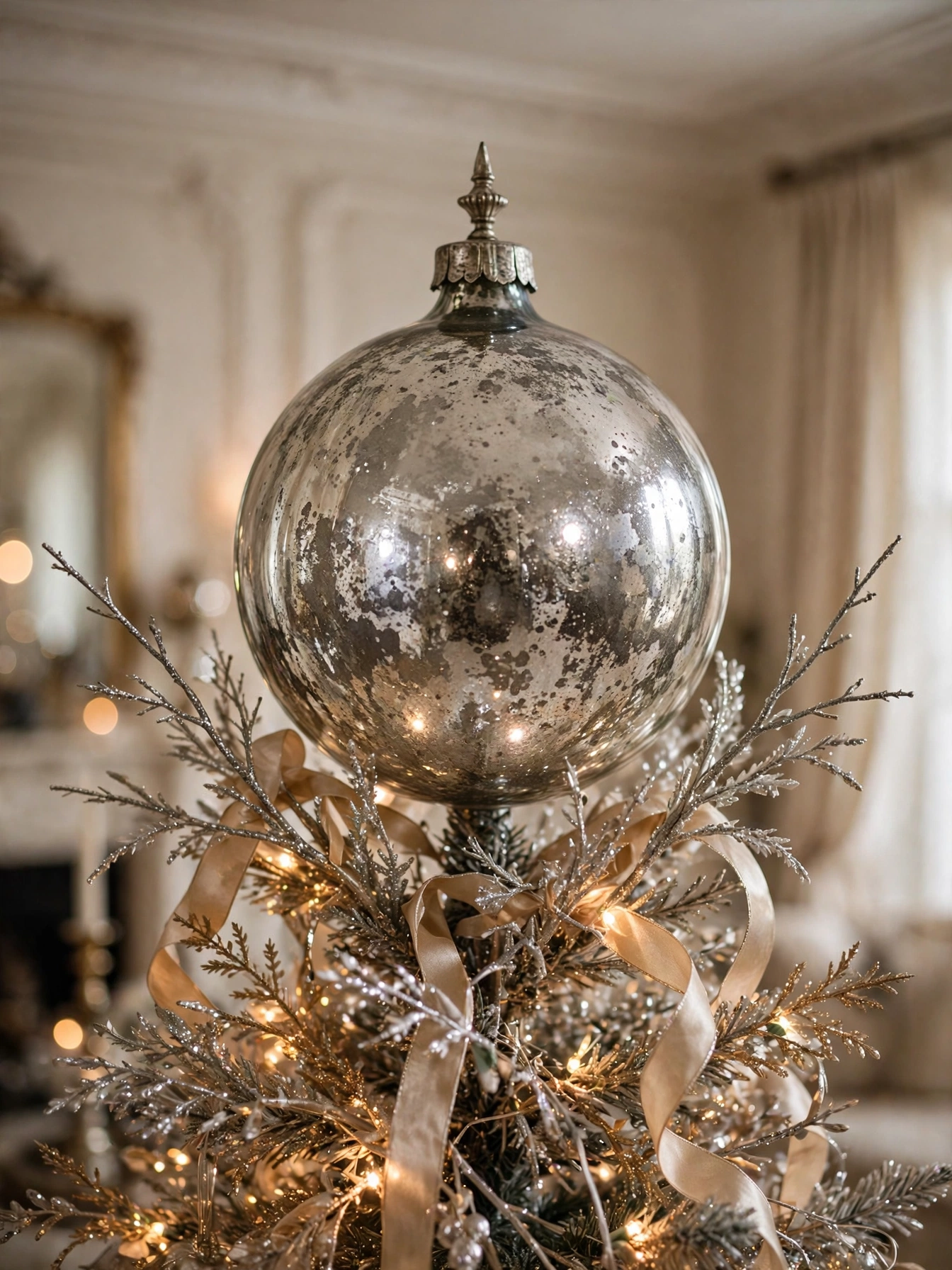 Large silver mercury glass ball tree topper with mottled antique finish on a silver and champagne tree, one of the Christmas tree toppers ideas 2026