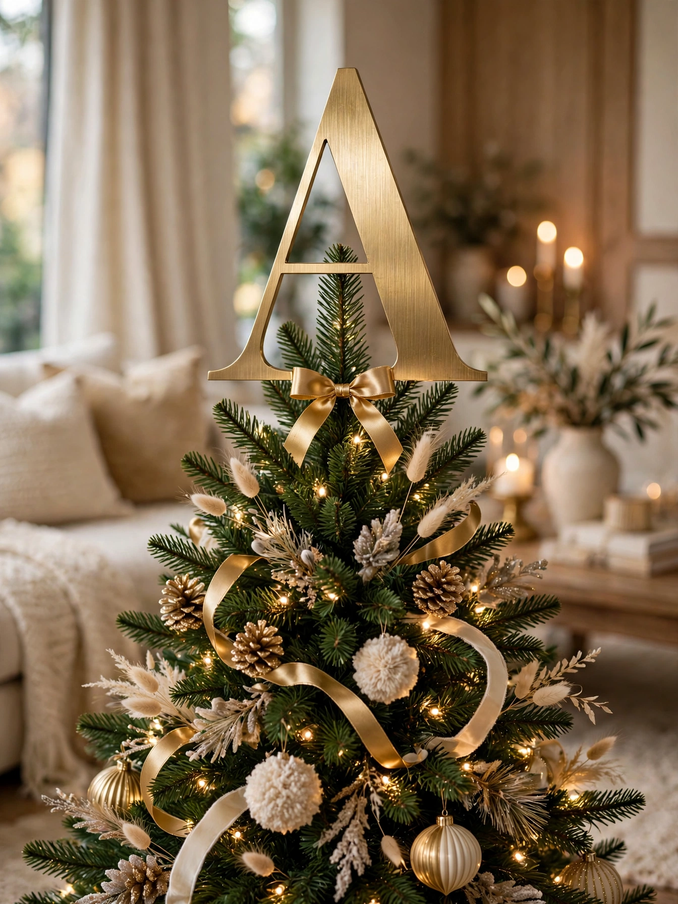 Gold monogram letter A tree topper in brushed metal on a gold and cream tree, one of the Christmas tree toppers ideas 2026