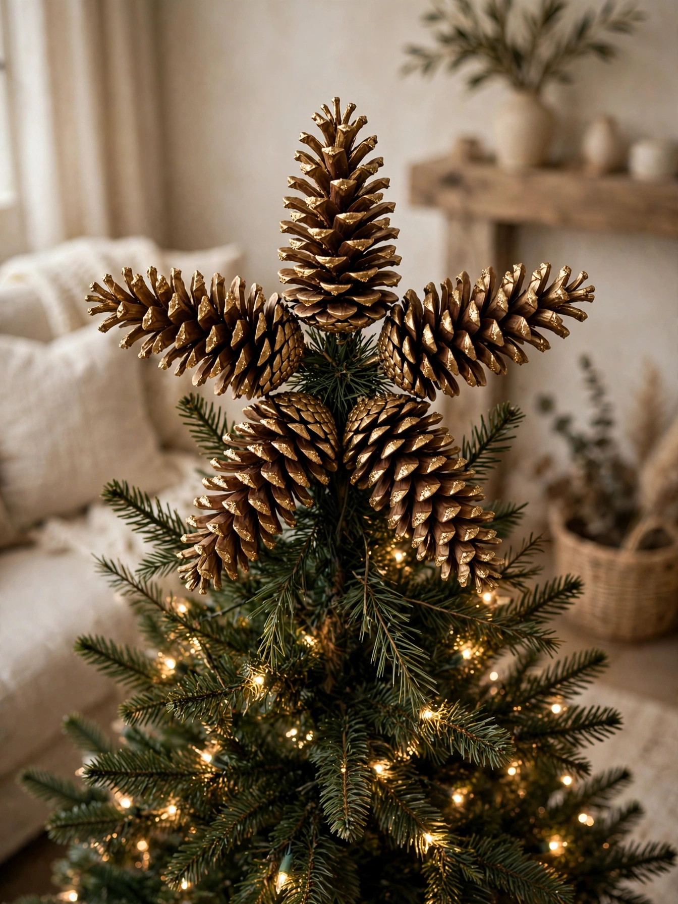 Tree topper of gold-painted pinecones arranged in a starburst above a natural-toned tree, one of the Christmas tree toppers ideas 2026