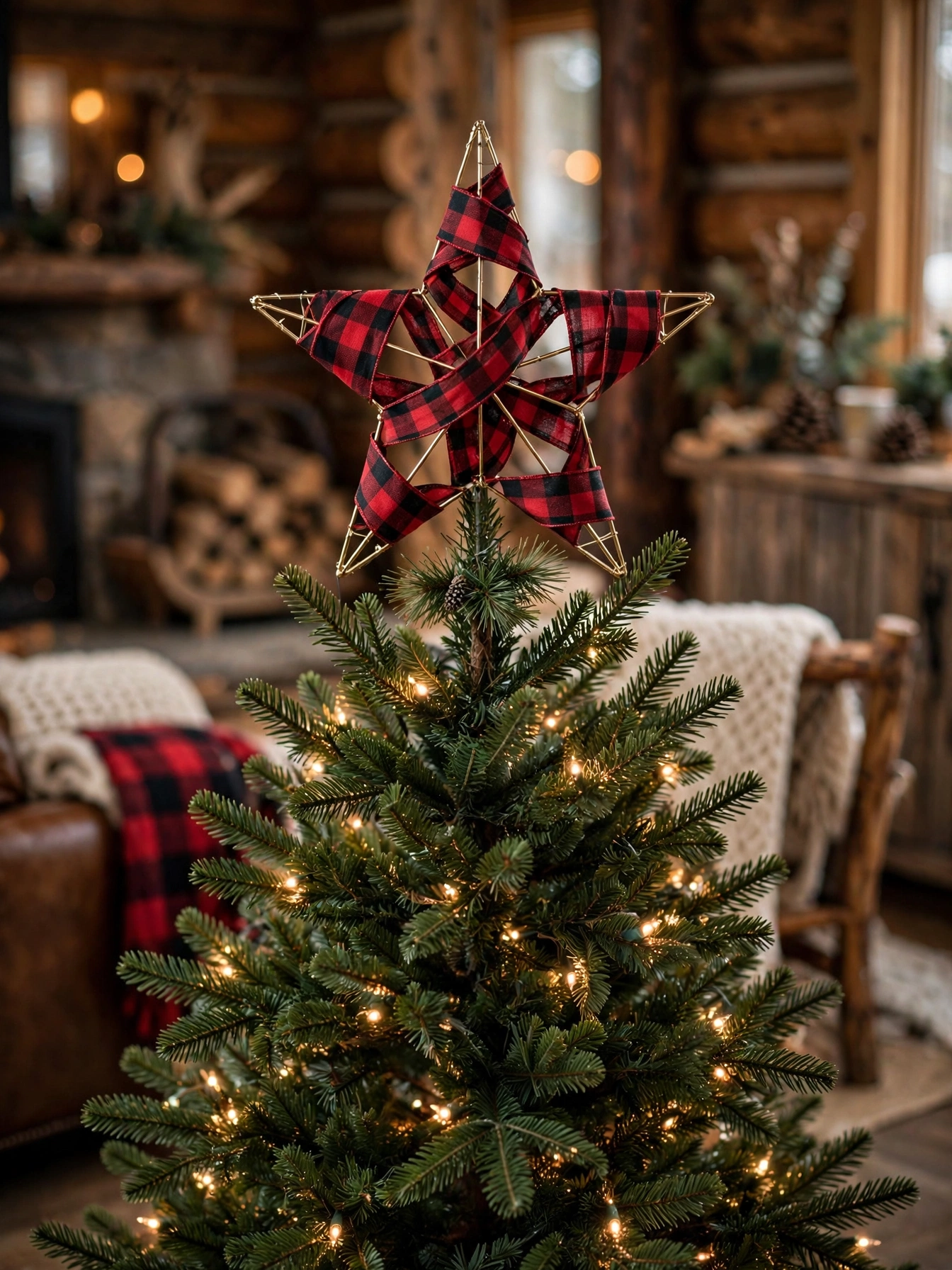 Star tree topper wrapped in red and black buffalo plaid ribbon on a cozy green tree, one of the Christmas tree toppers ideas 2026