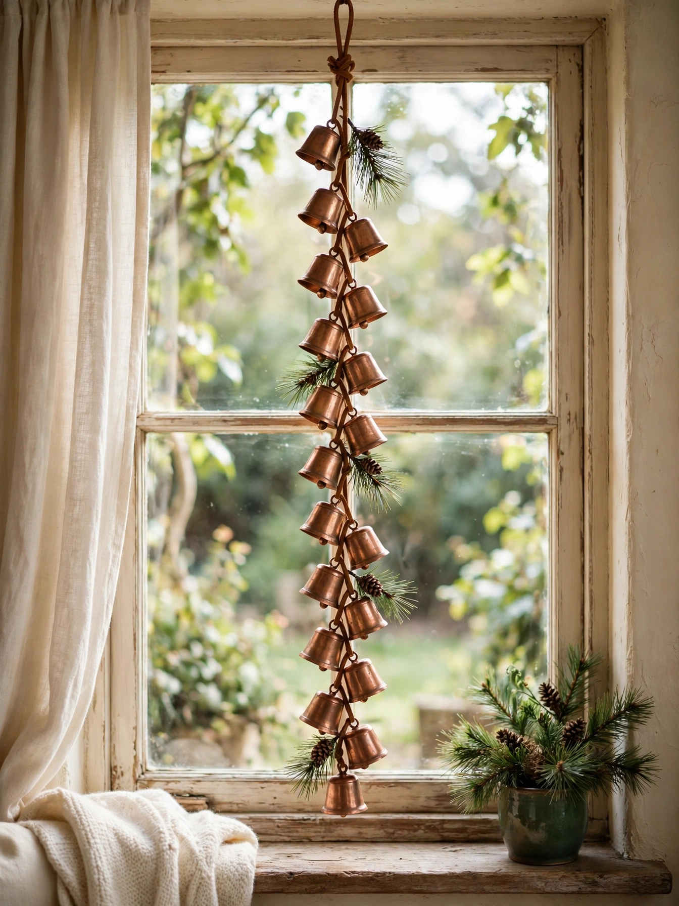 Strand of small copper bells hanging vertically in a window catching the light, one of the Christmas window decor ideas for 2026