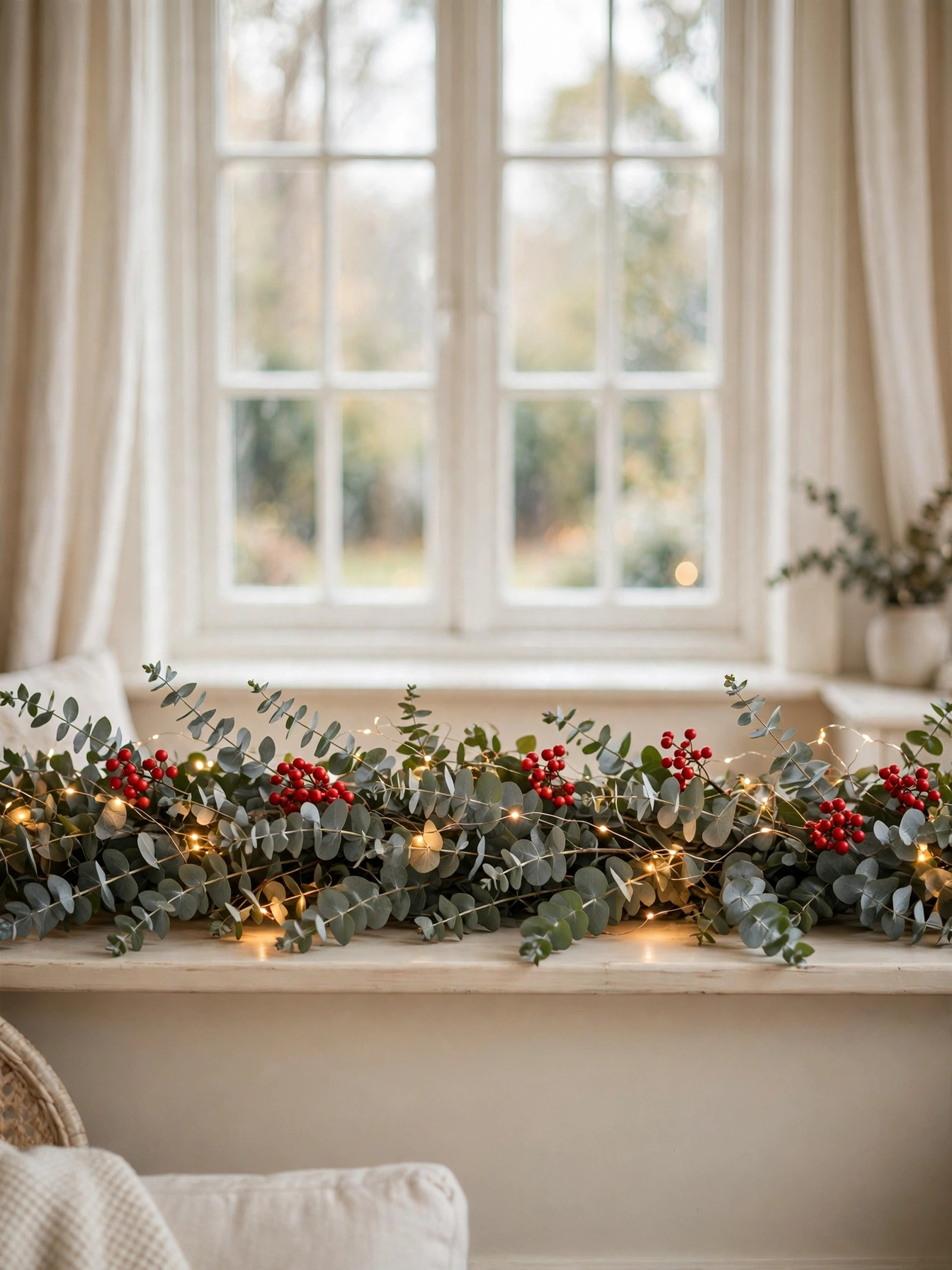 Eucalyptus and red berry runner along a wide windowsill with warm fairy lights, one of the Christmas window decor ideas for 2026