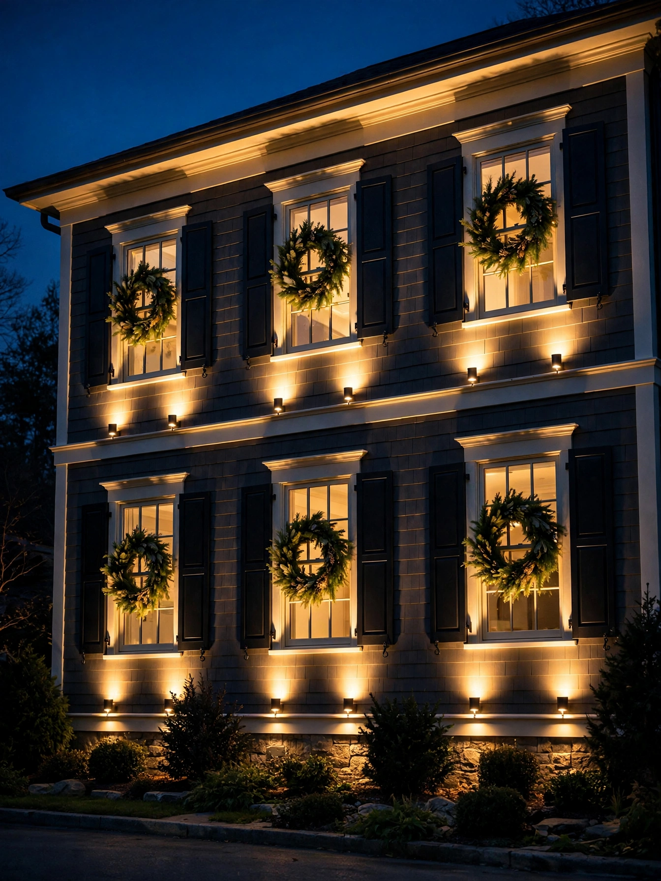 House front at night with warm uplights washing the windows in golden light, one of the Christmas window decor ideas for 2026