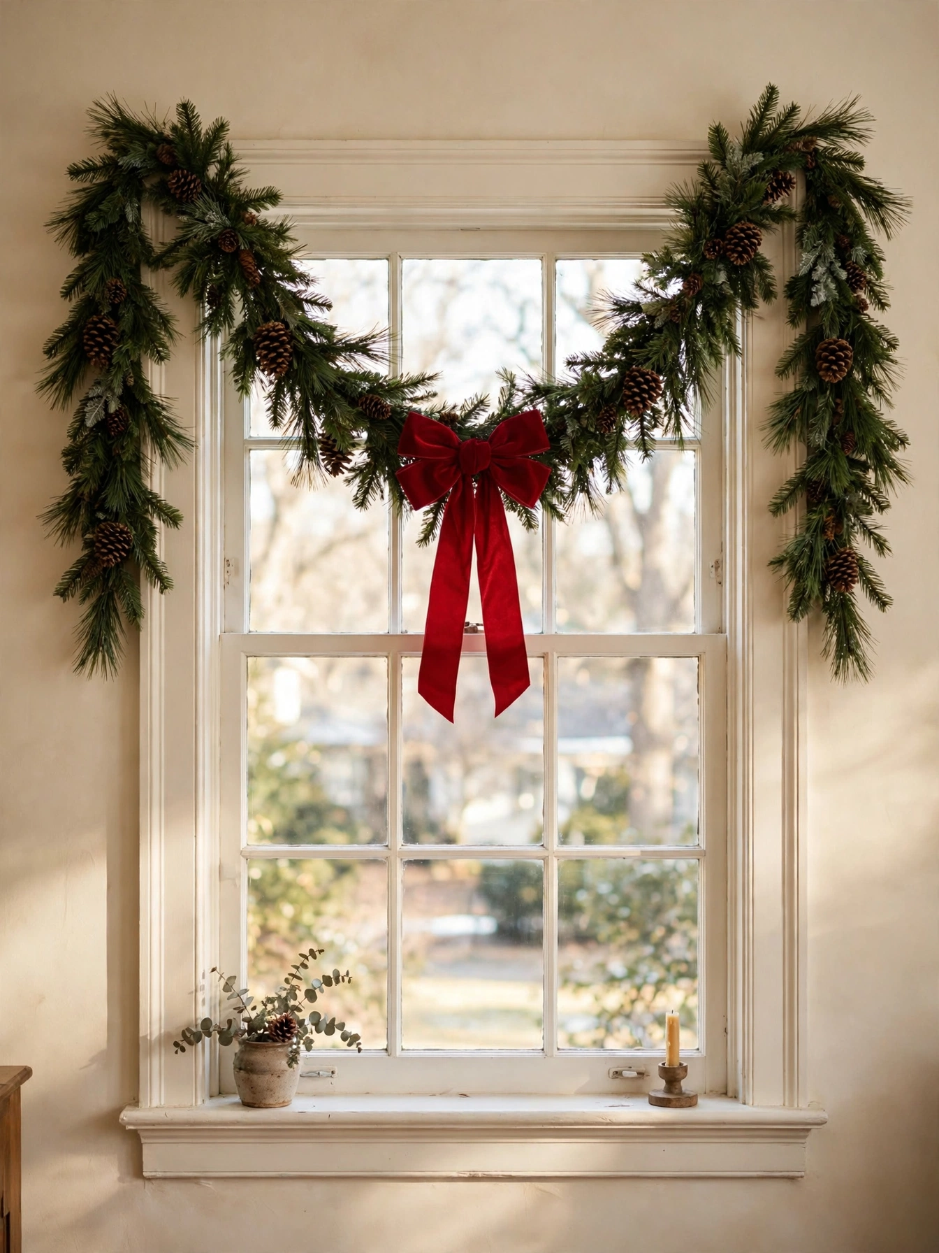 Pine garland swag draped over the top of a window with a gentle dip in the center, one of the Christmas window decor ideas for 2026