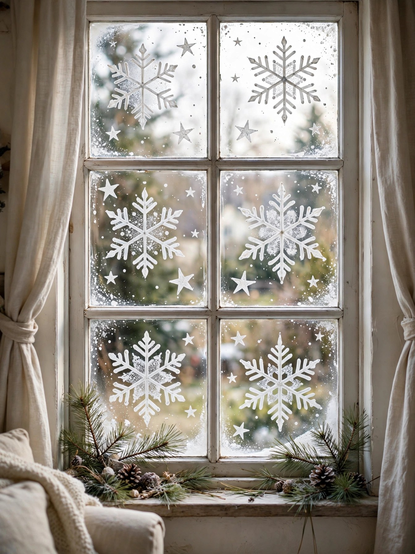 Hand-painted frosted glass snowflakes and stars in white glass paint on a window, one of the Christmas window decor ideas for 2026
