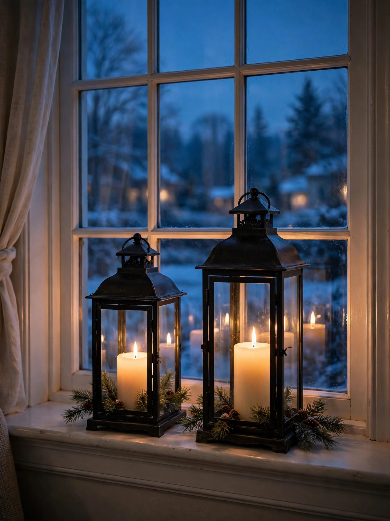 Two black metal lanterns with glowing flameless candles on a wide windowsill at dusk, one of the Christmas window decor ideas for 2026
