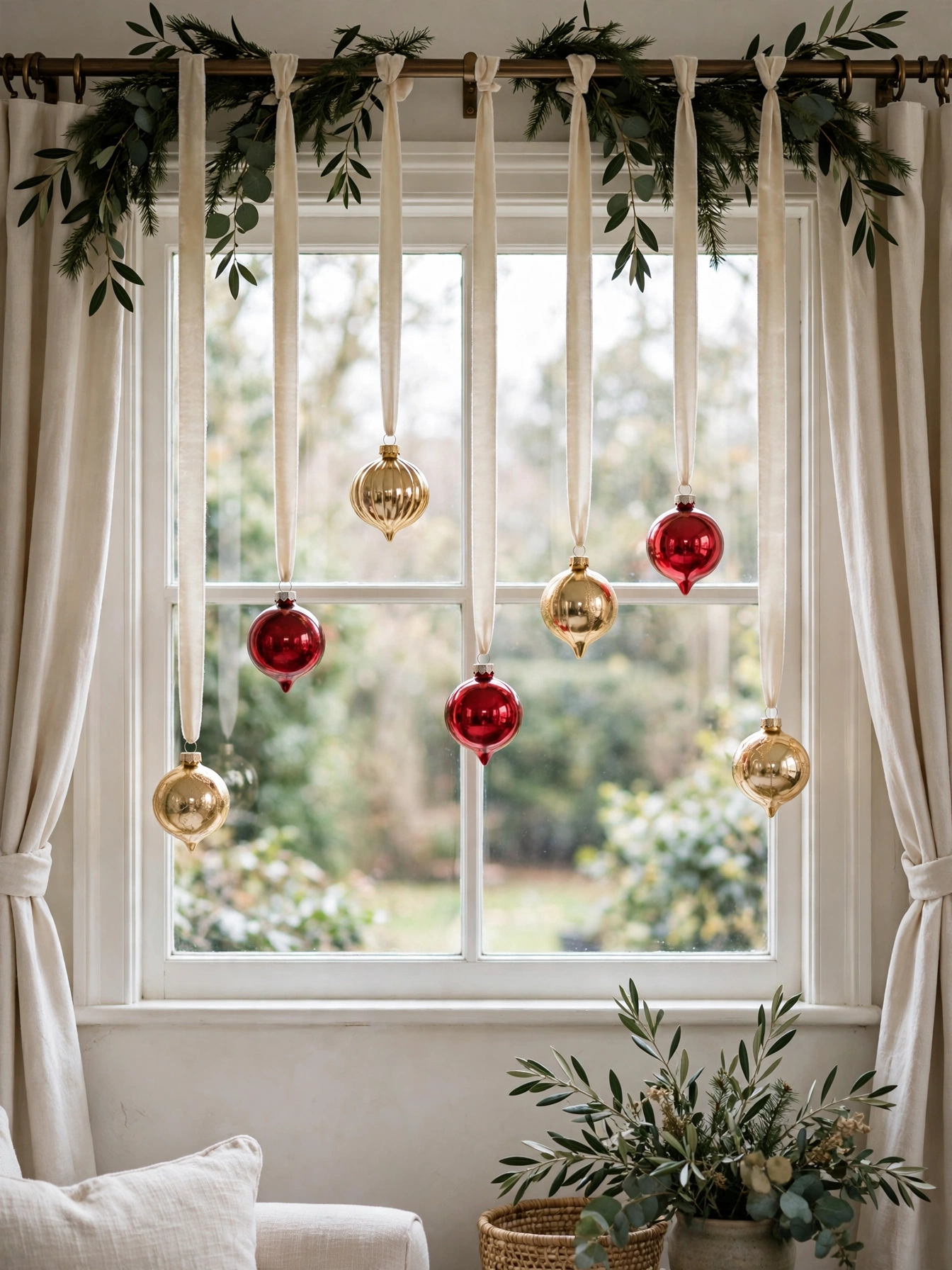 Glass ornaments hanging from a window frame on long velvet ribbons at different heights, one of the Christmas window decor ideas for 2026