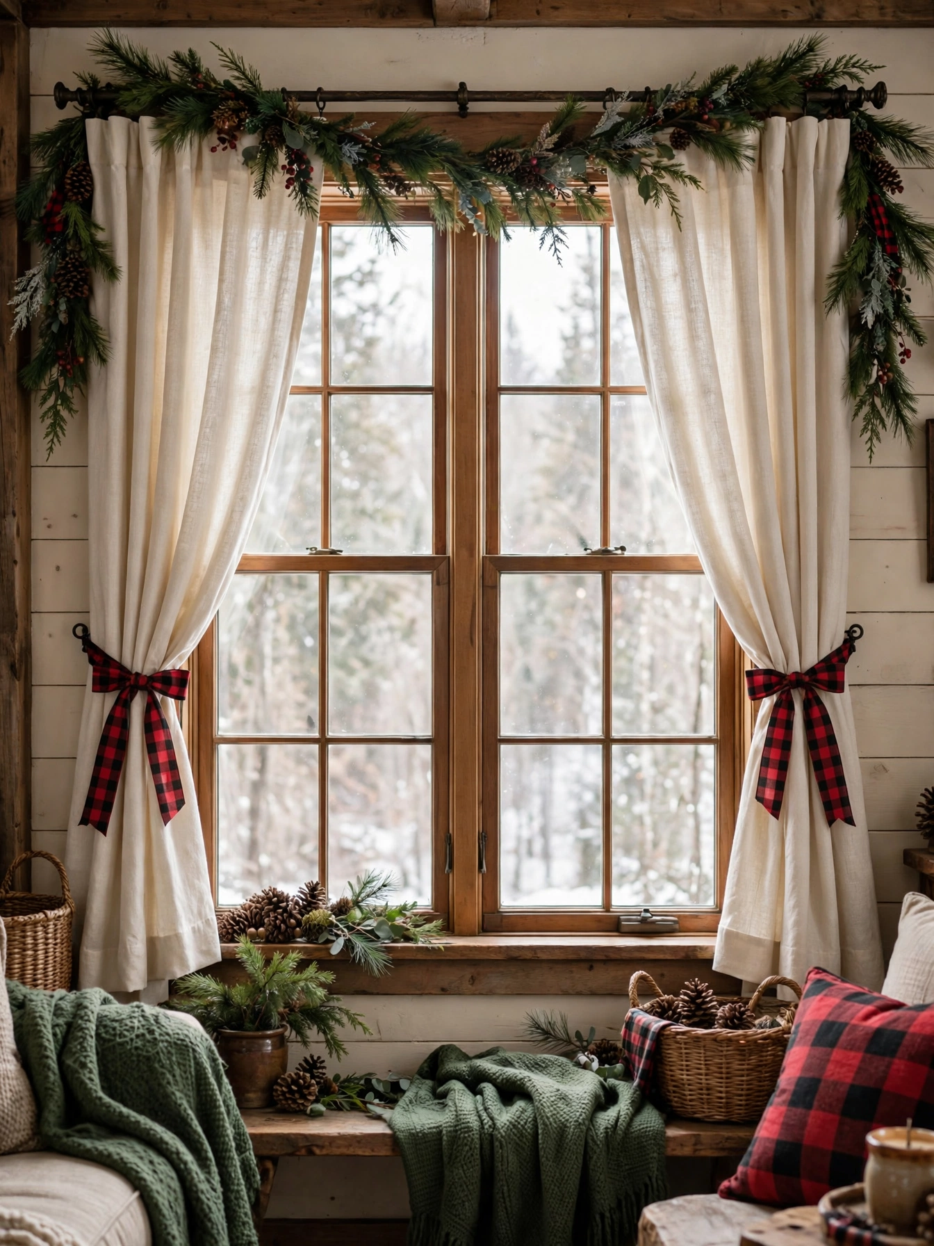 Cream curtain panels tied back with red and black buffalo plaid ribbon on a festive window, one of the Christmas window decor ideas for 2026