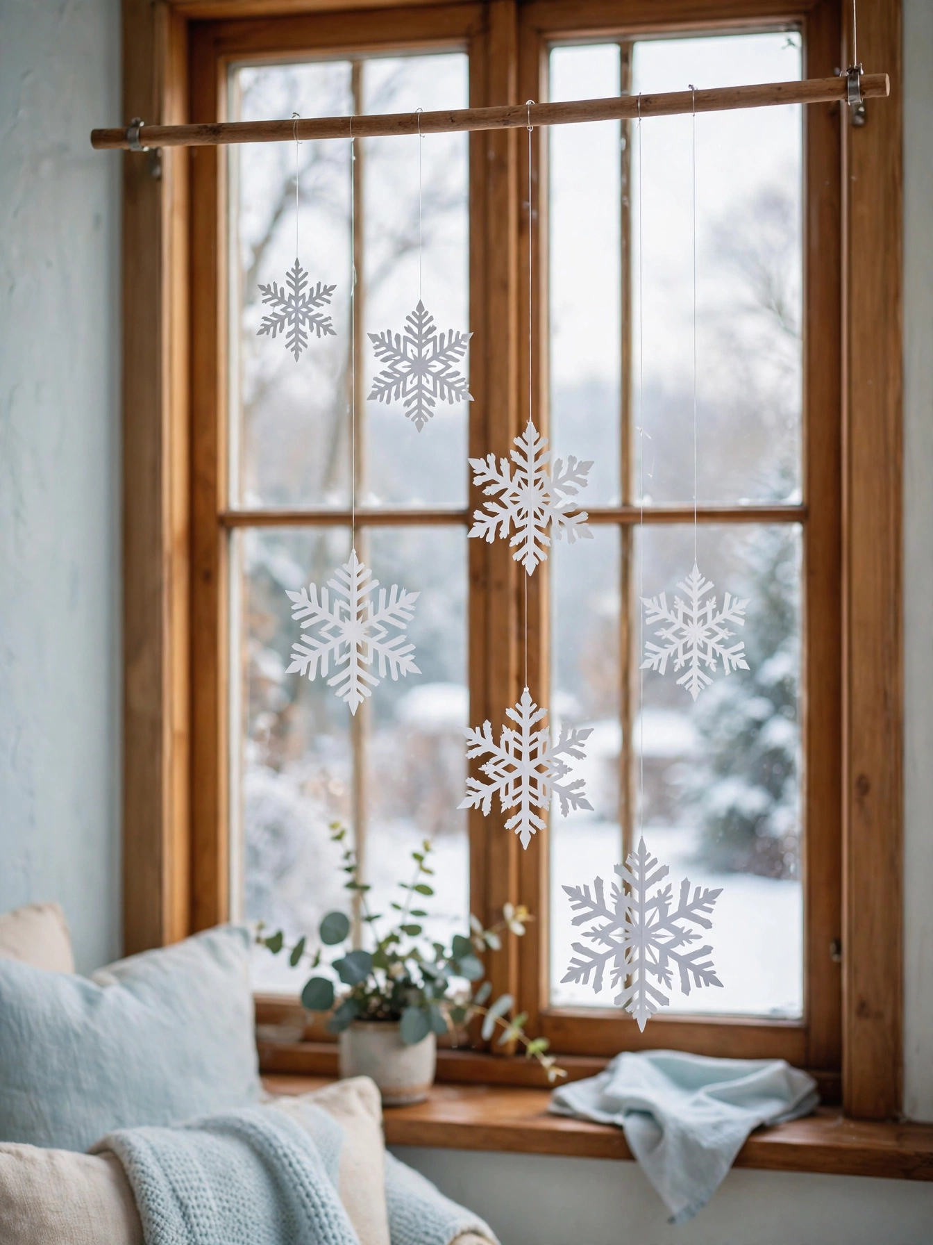 Paper snowflakes of different sizes hanging from a window frame on clear fishing line, one of the Christmas window decor ideas for 2026