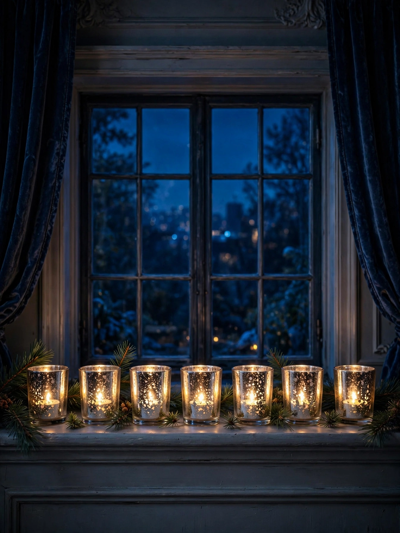 Row of mercury glass votive holders with glowing tea lights along a windowsill at night, one of the Christmas window decor ideas for 2026