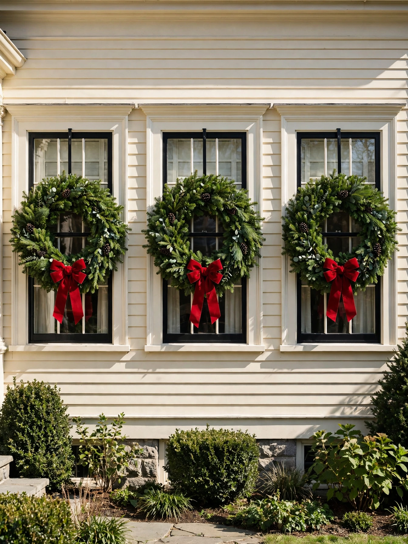 Three matching evergreen wreaths with red bows hanging on three front windows, one of the Christmas window decor ideas for 2026