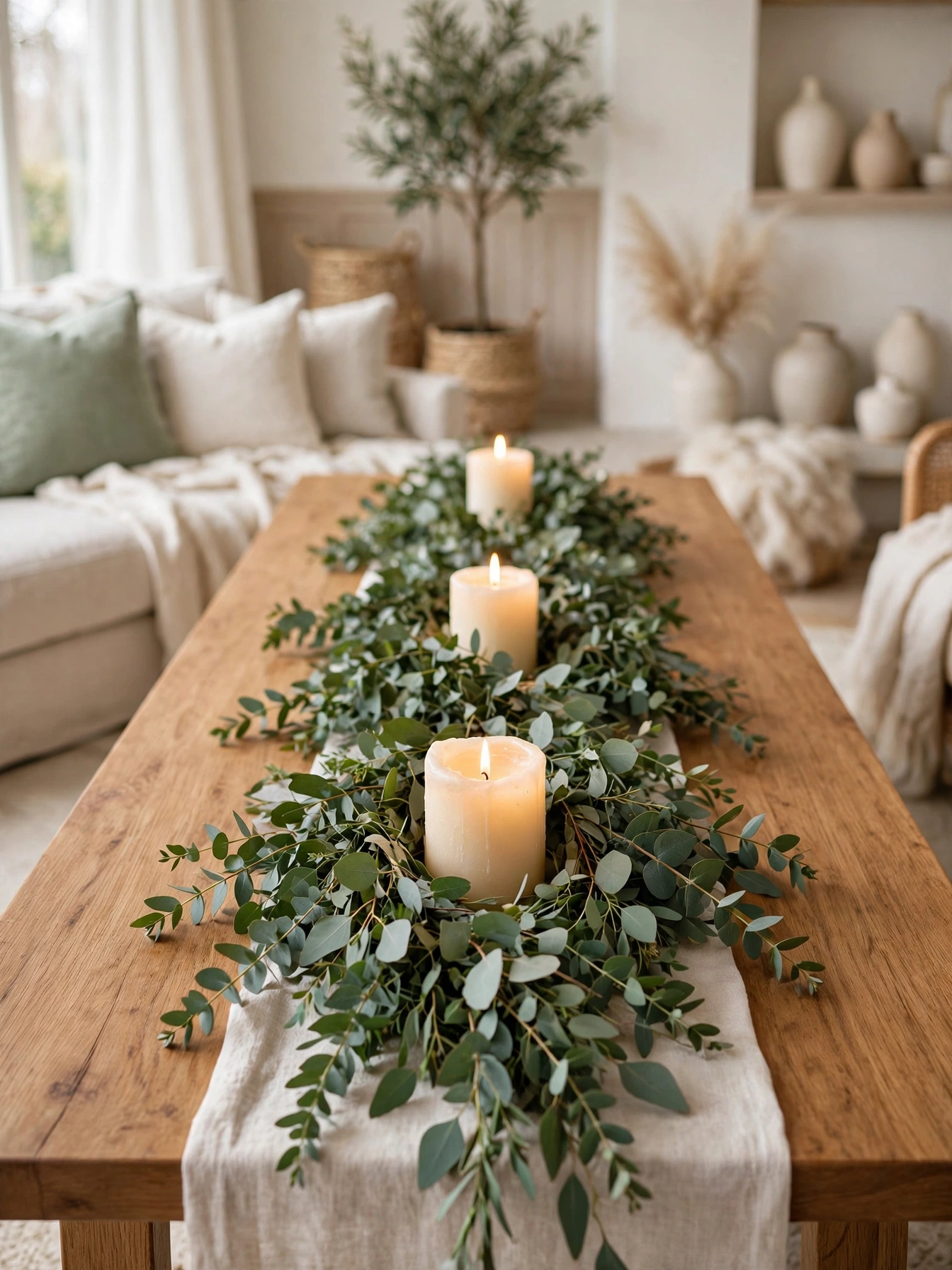 Symmetrical vases flanking a central bowl, orderly coffee table decor ideas