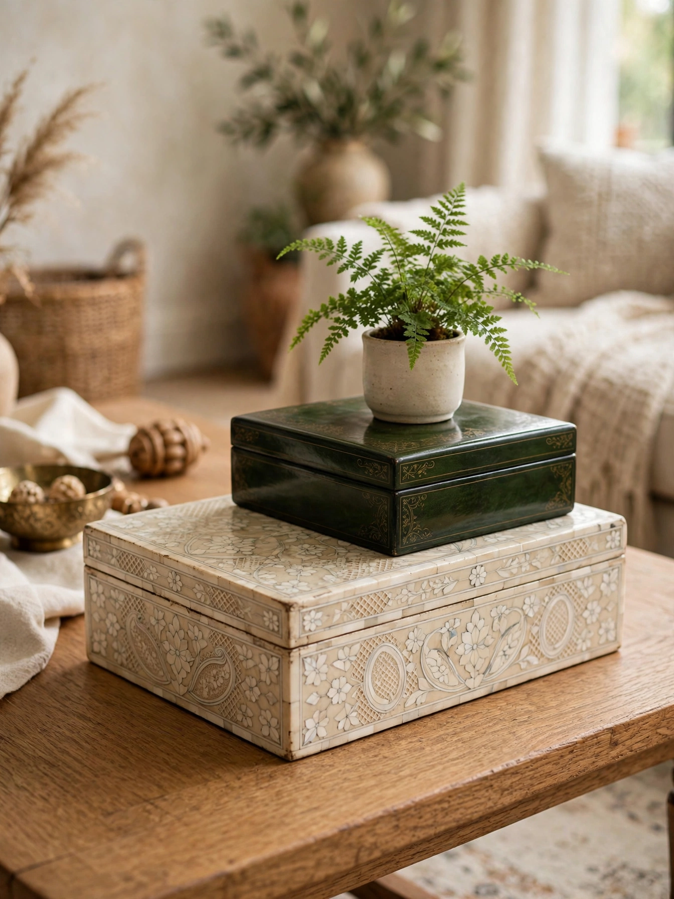 Stacked bone inlay and lacquer boxes, worldly coffee table decor ideas