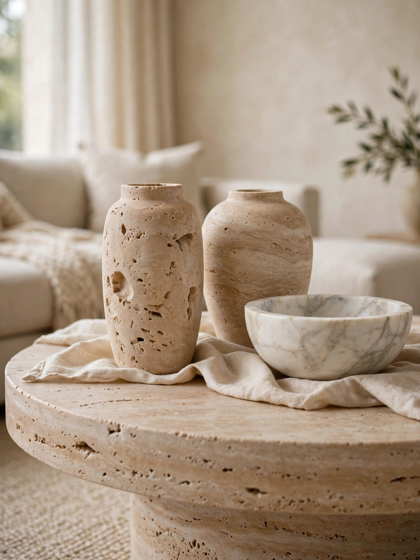 Low floral arrangement in a wide vase, fresh coffee table decor ideas