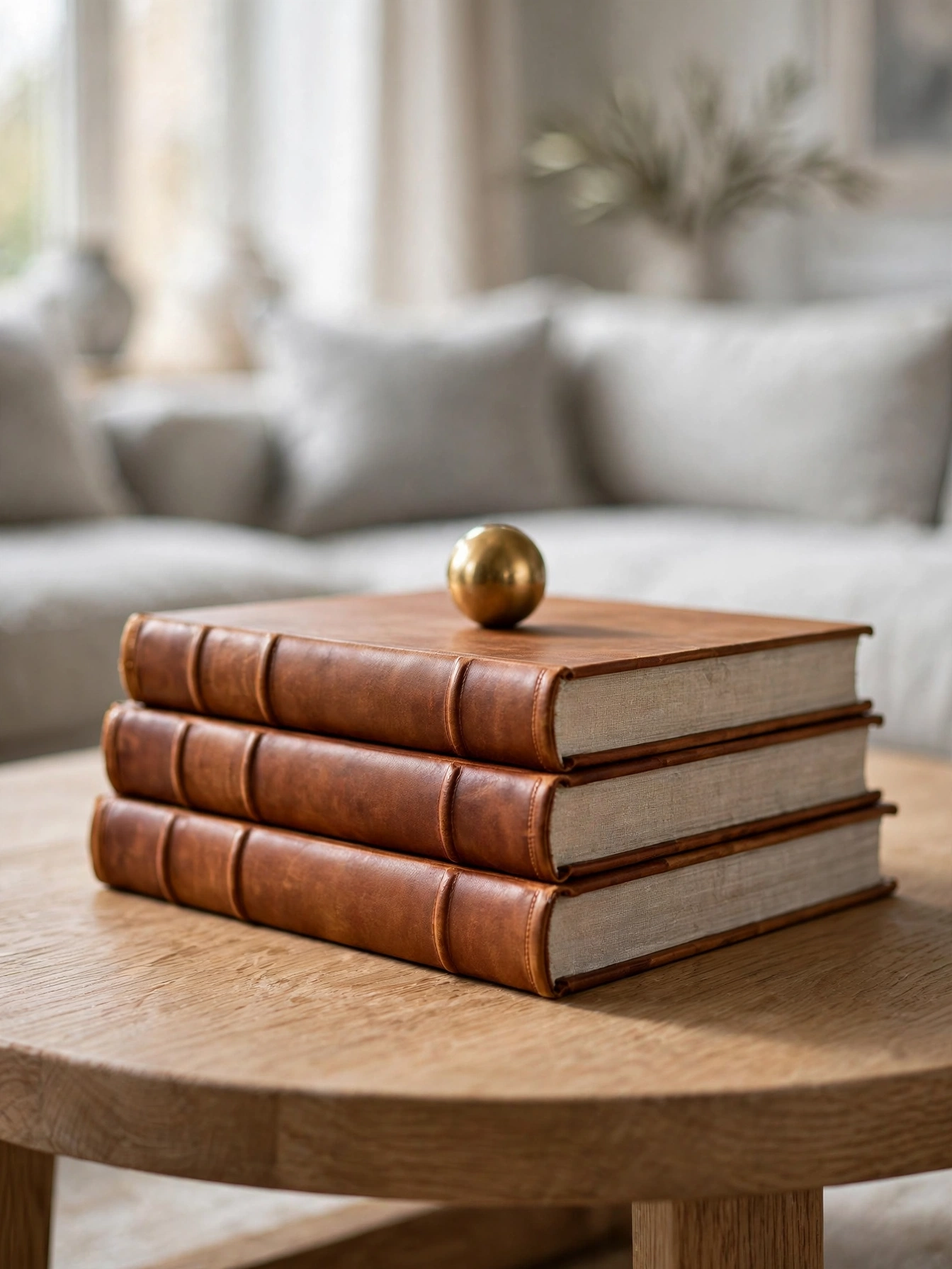 Oversized art books topped with brass, cultured coffee table decor ideas