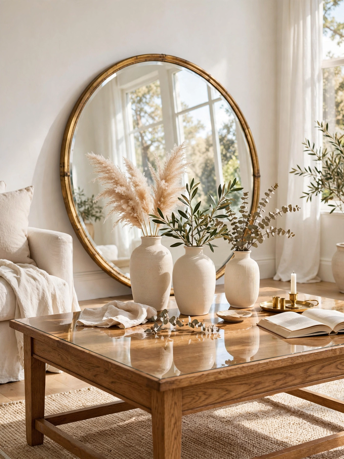 Round brass mirror leaning behind the table, luminous coffee table decor ideas
