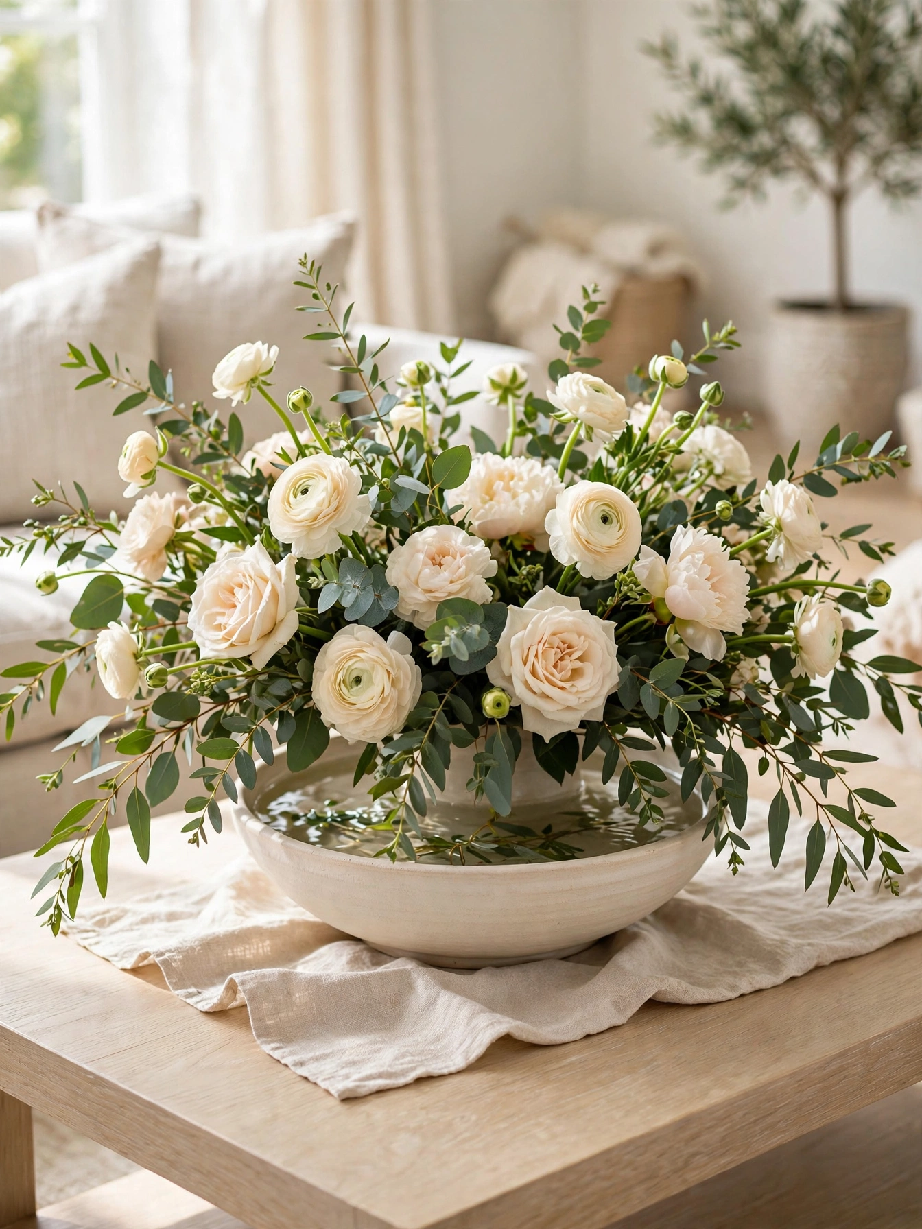 Tall vase with arching eucalyptus branches, simple coffee table decor ideas