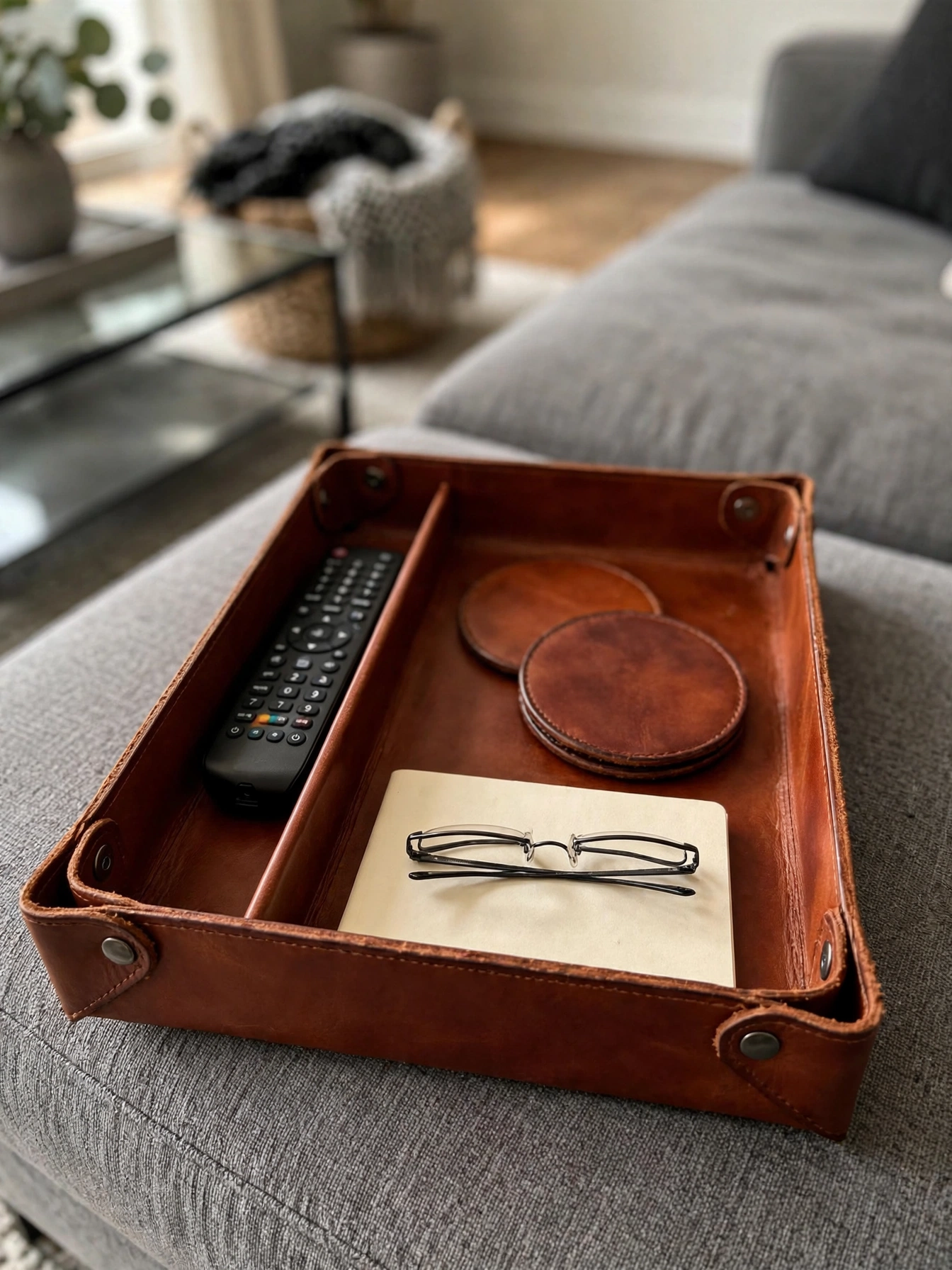 Art books stacked on a seagrass tray, cultured coffee table tray decor ideas for readers