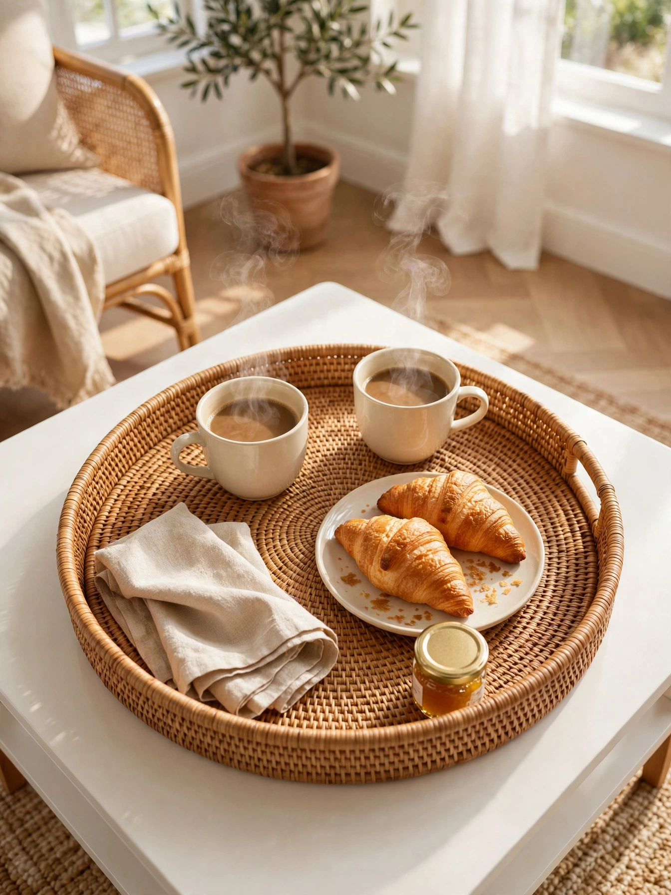 Vintage brass tray with decanter and glasses, storied coffee table tray decor ideas for evenings