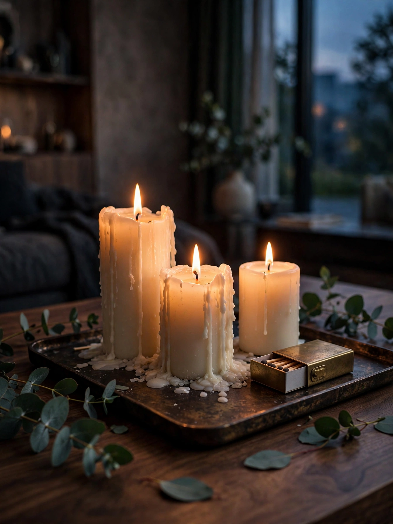 Bronze tray with glowing pillar candles, cozy coffee table tray decor ideas for evenings