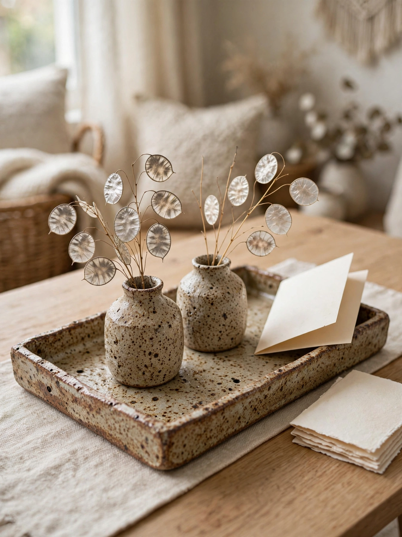 Handmade ceramic tray with dried lunaria vases, artisanal coffee table tray decor ideas