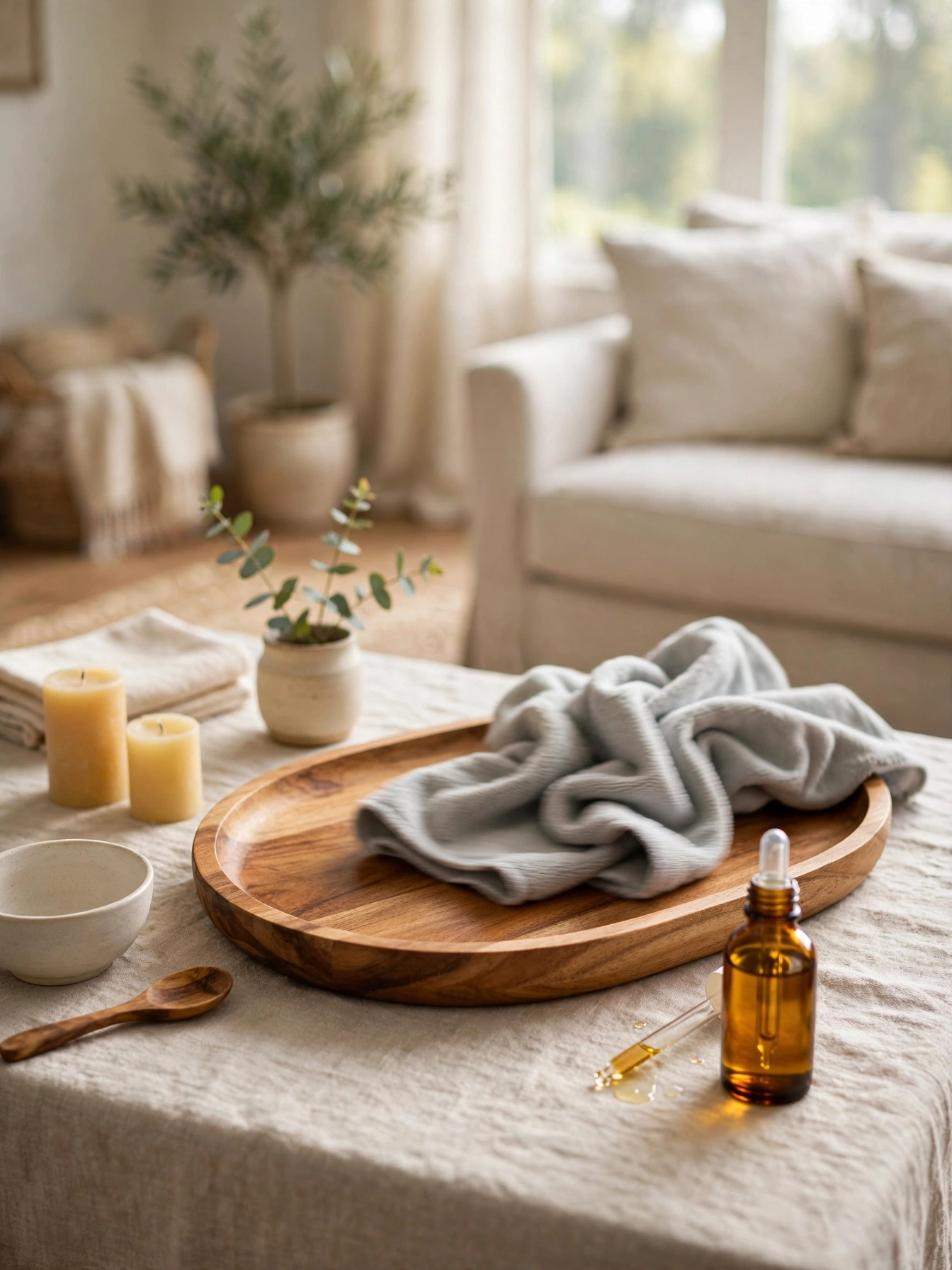 Wooden tray being wiped with wood oil nearby, caring coffee table tray decor ideas for longevity