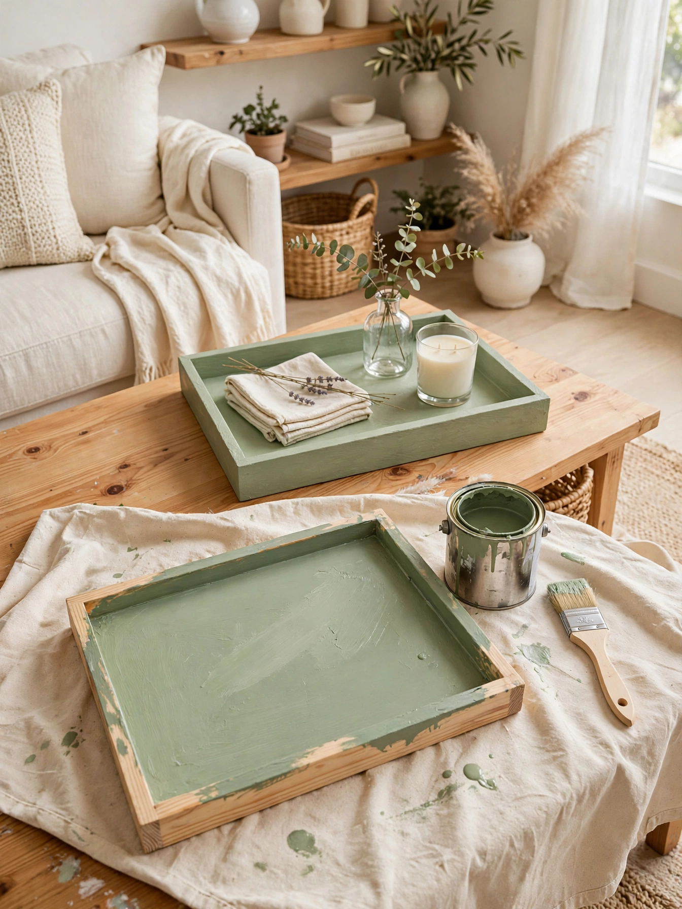 Hand-painted sage tray with brush and paint can, creative coffee table tray decor ideas DIY