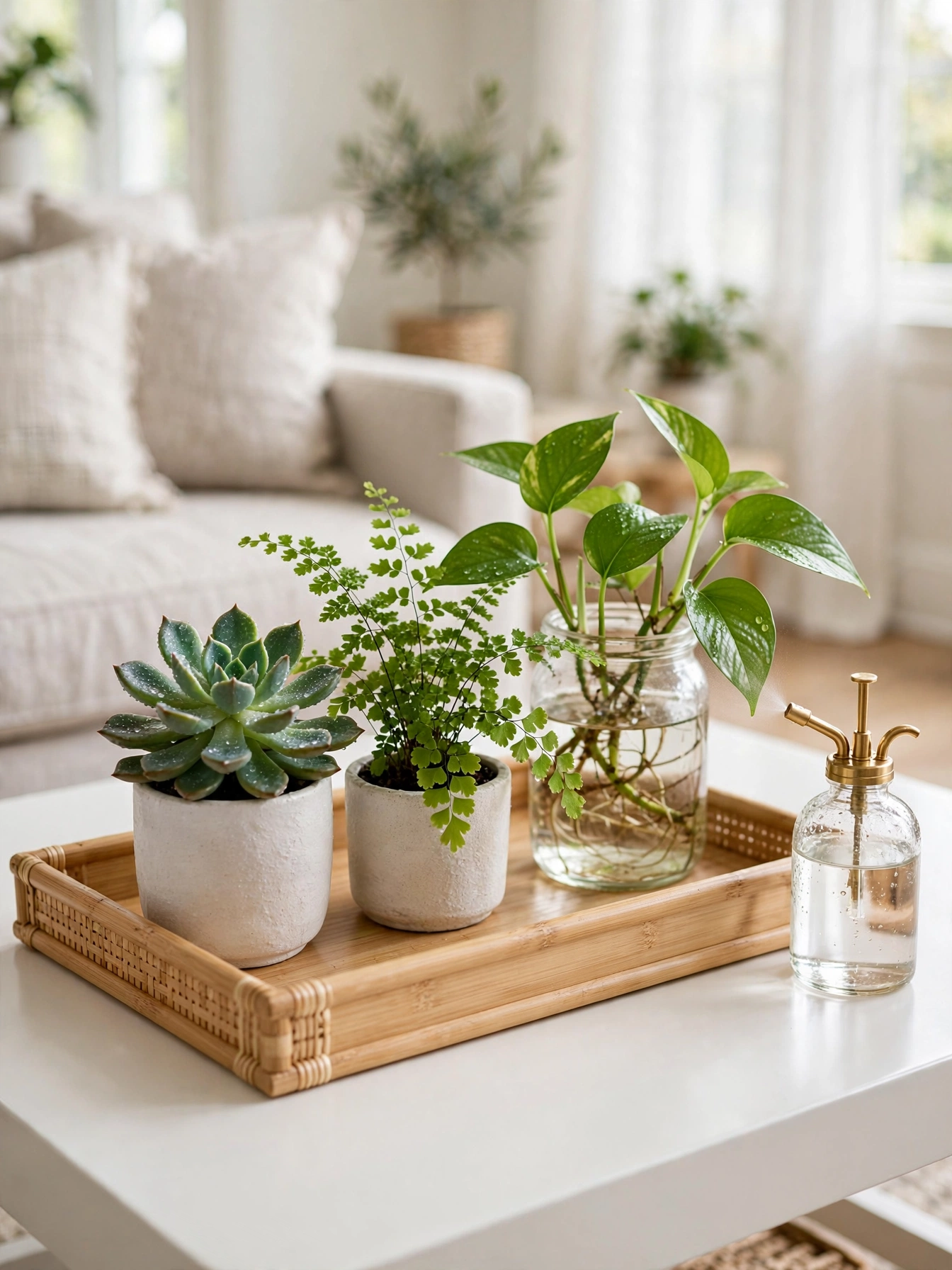 Bamboo tray with three small potted plants, fresh coffee table tray decor ideas with greenery