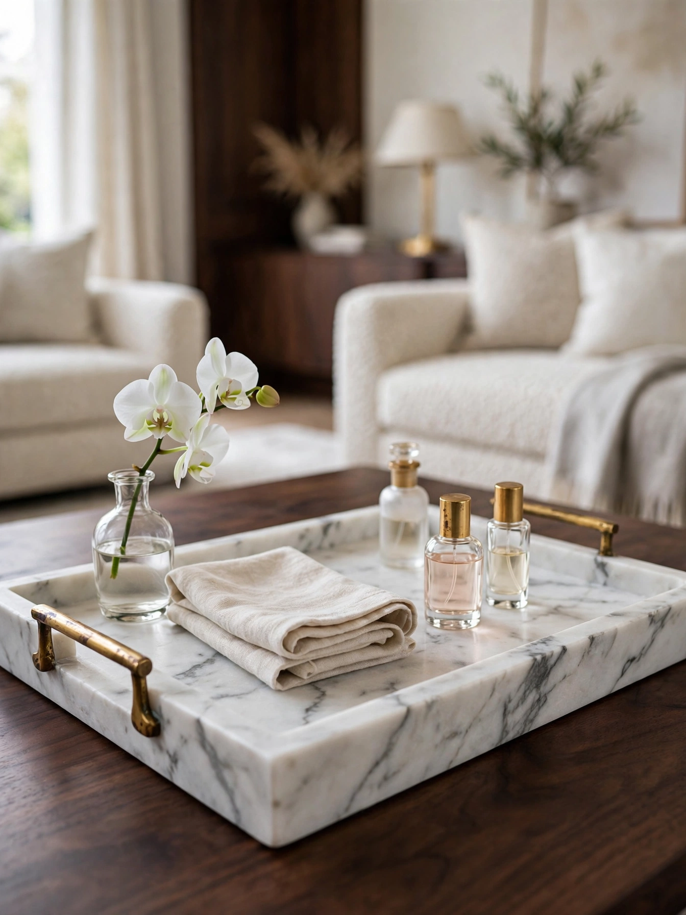 White marble tray with brass handles and orchid, elegant coffee table tray decor ideas