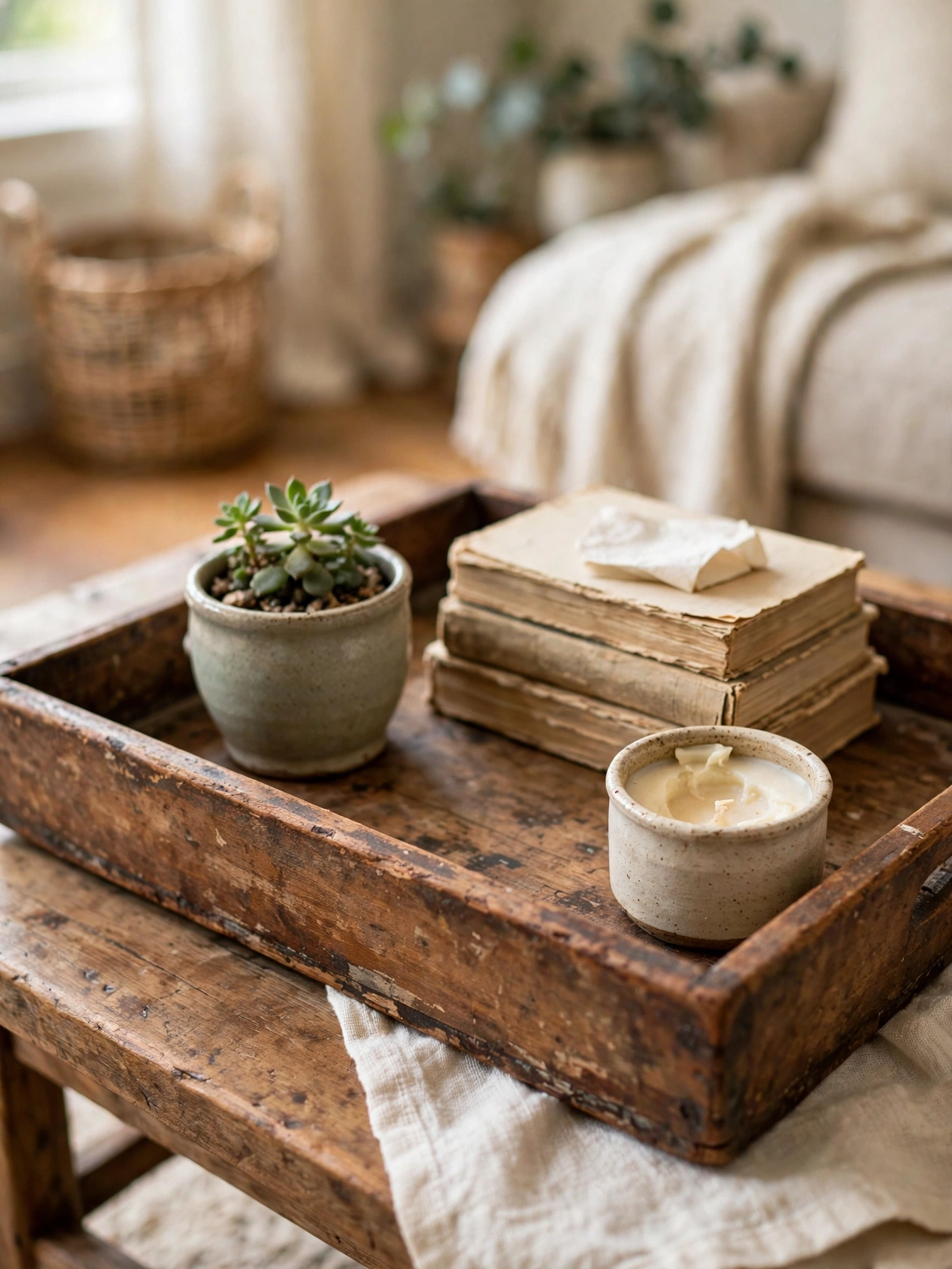 Wooden tray topping a tufted ottoman, clever coffee table tray decor ideas for small rooms