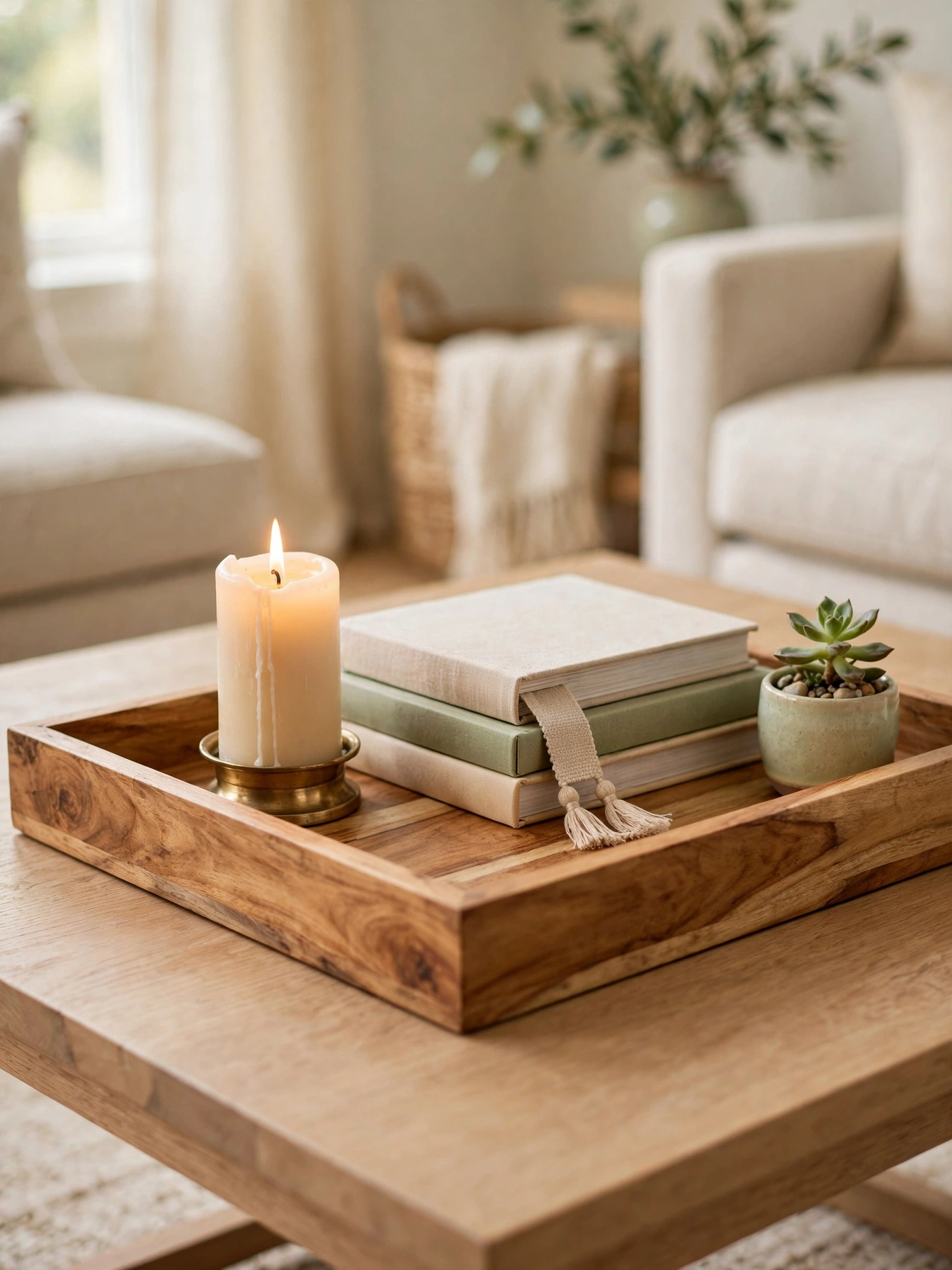 Round rattan tray with coffee cups and croissants, sunny coffee table tray decor ideas