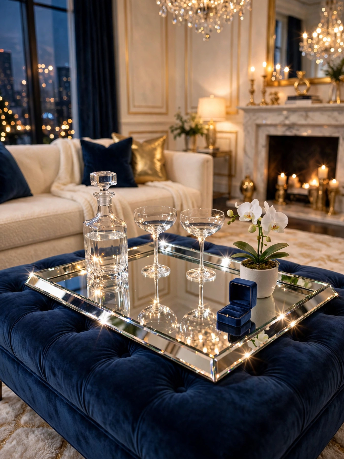 Round walnut tray scaled on a round table, precise coffee table tray decor ideas with proportions