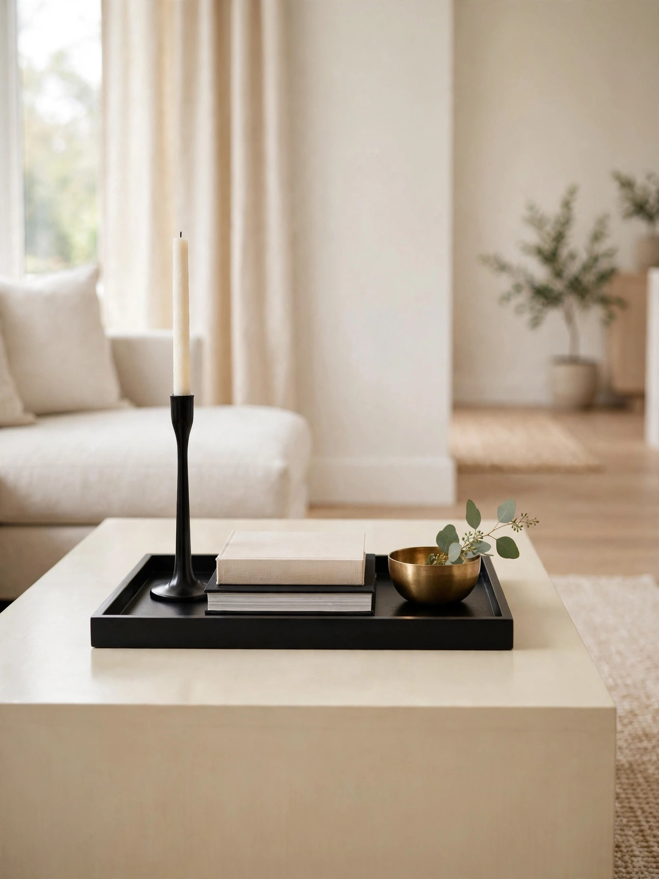 Travertine stone tray with sculptural objects, grounded coffee table tray decor ideas