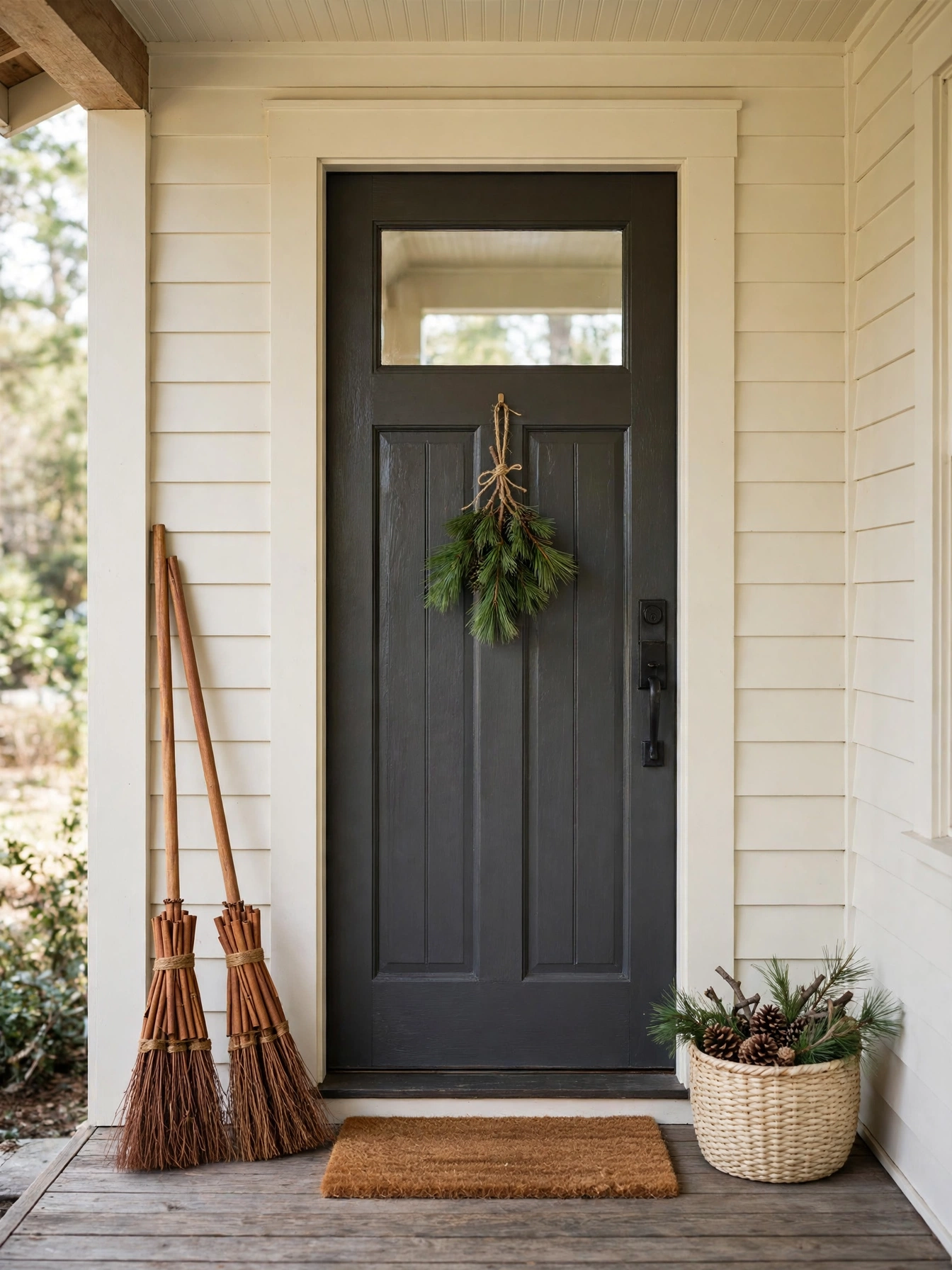 Two cinnamon brooms leaning beside a front door with a small mat, a basket, and a hanging pine sprig, a cozy christmas decor ideas 2026 entry welcome.