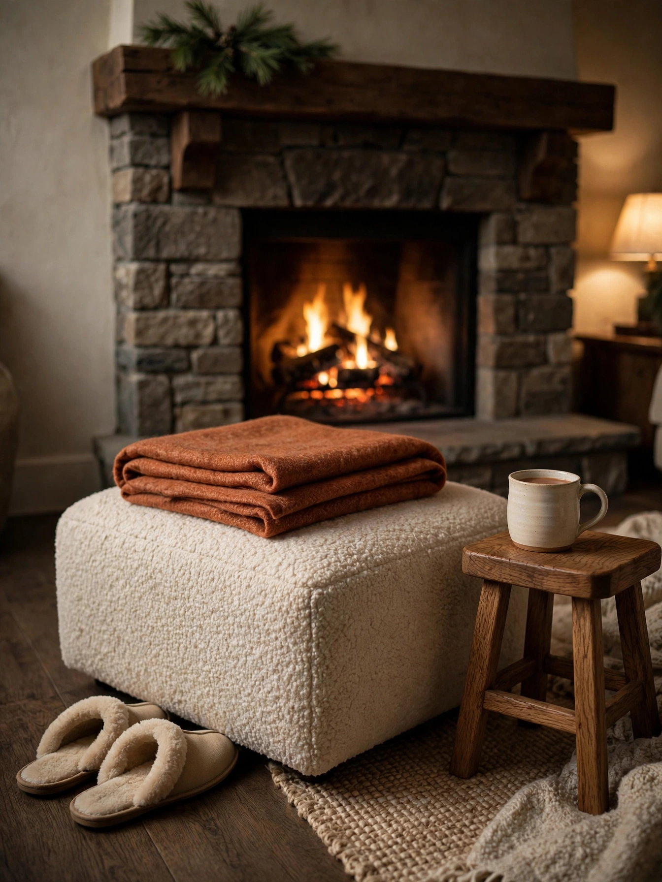 A cozy christmas decor ideas 2026 fireside setup: low upholstered footrest with a folded throw beside a fireplace and a mug on a small stool.