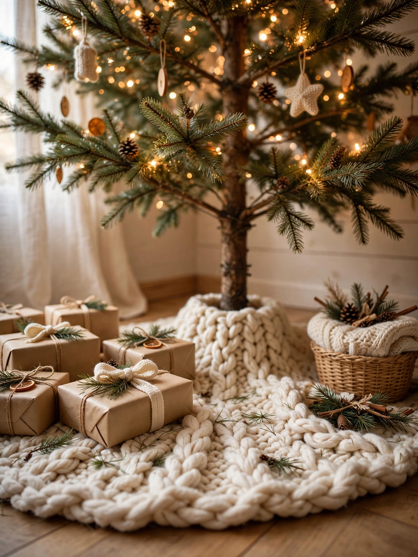 Christmas tree with a chunky cream knitted tree skirt, wrapped gifts, and a small basket beside the tree, a cozy christmas decor ideas 2026 tree base.