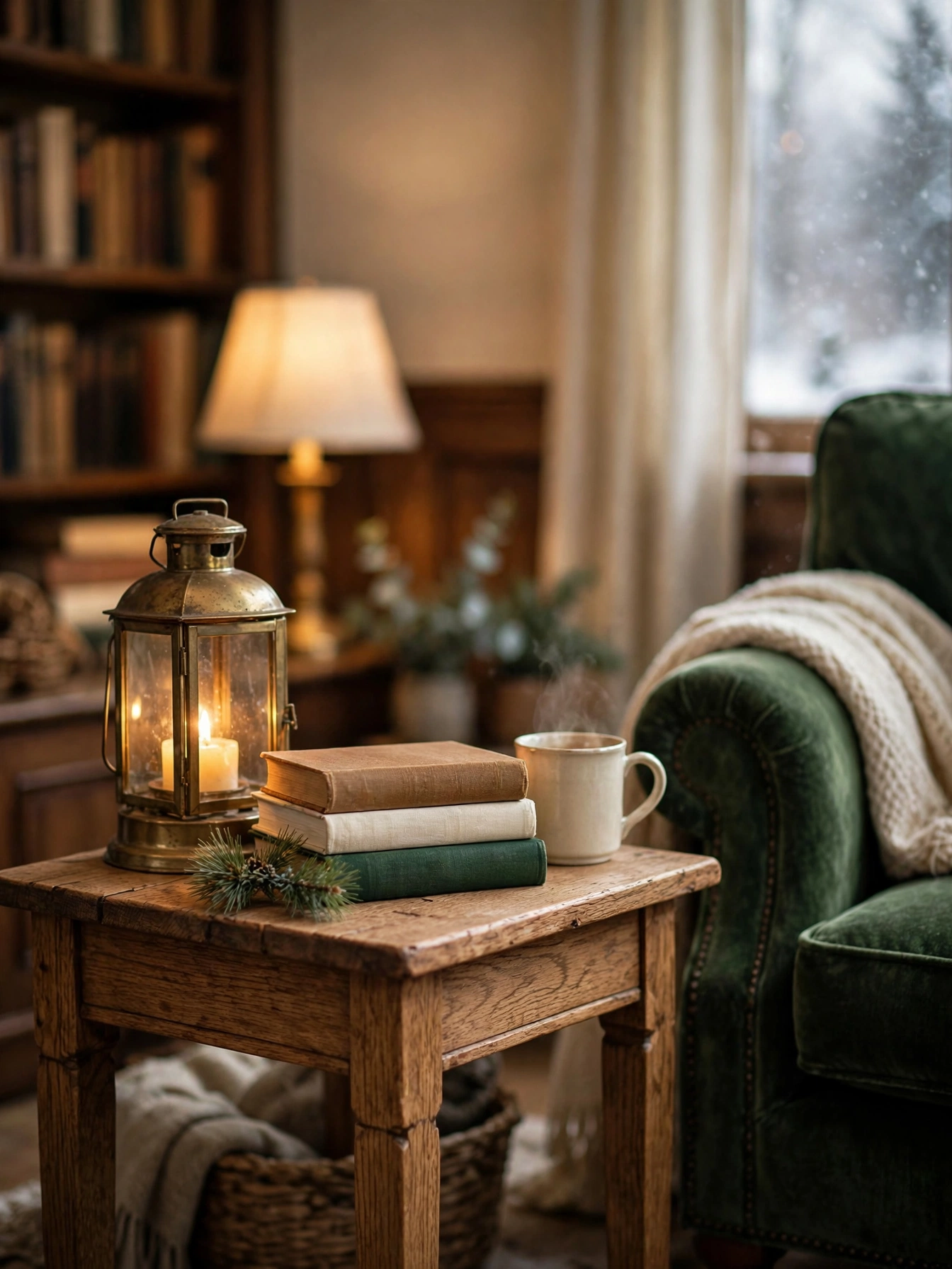 A cozy christmas decor ideas 2026 side table: small table with a brass lantern, a stack of three hardcover books, and a mug beside an armchair.