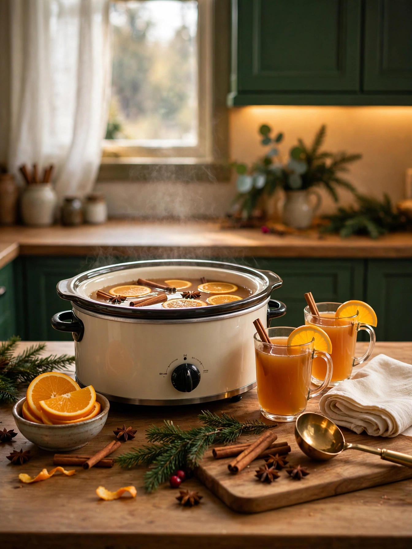 Slow cooker with mulled cider, cinnamon sticks, orange slices, and mugs on a kitchen counter, a cozy christmas decor ideas 2026 serving station.