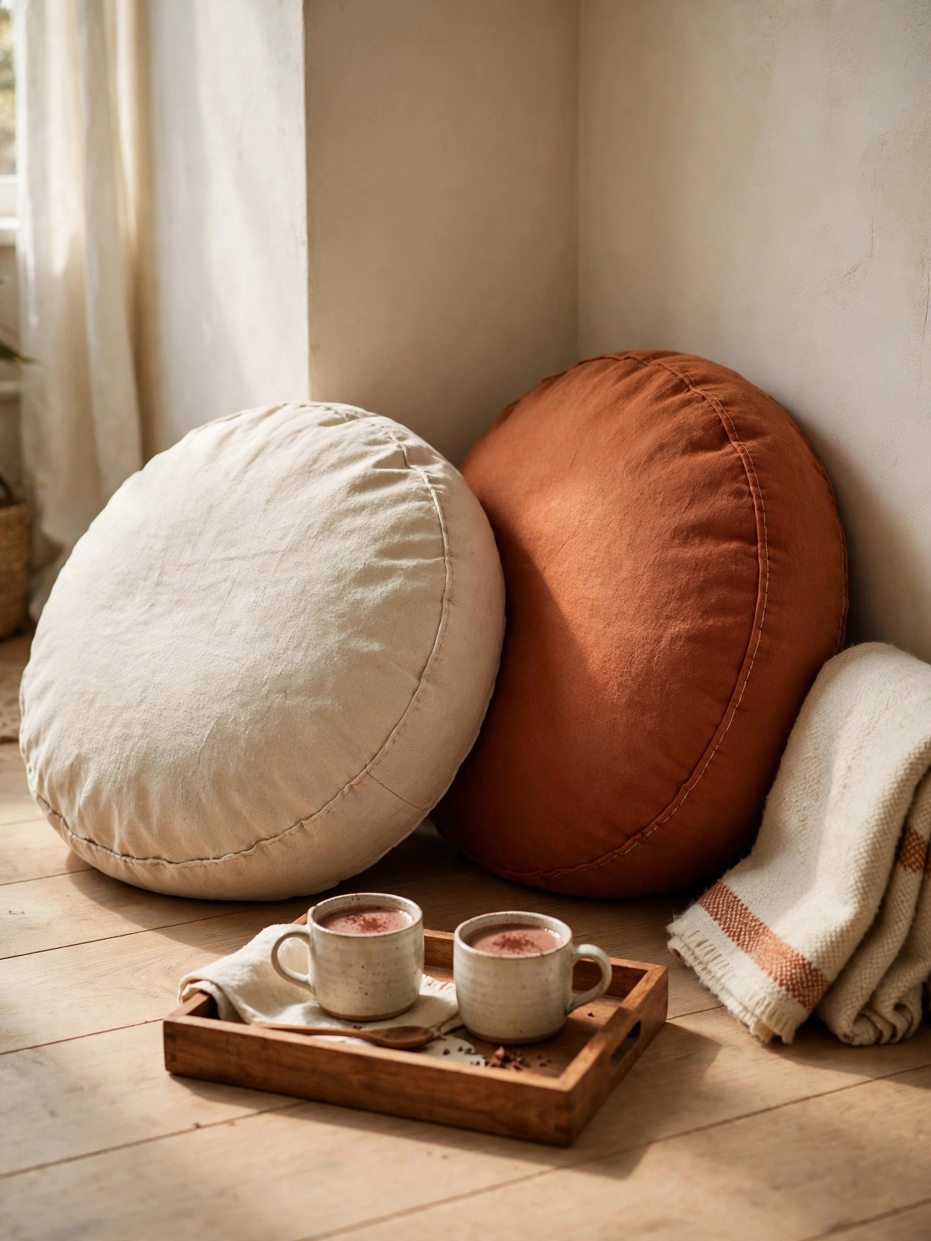 Floor corner with two oversized round floor cushions, a low tray with cocoa, and a folded blanket against a wall, a cozy christmas decor ideas 2026 floor lounge corner.