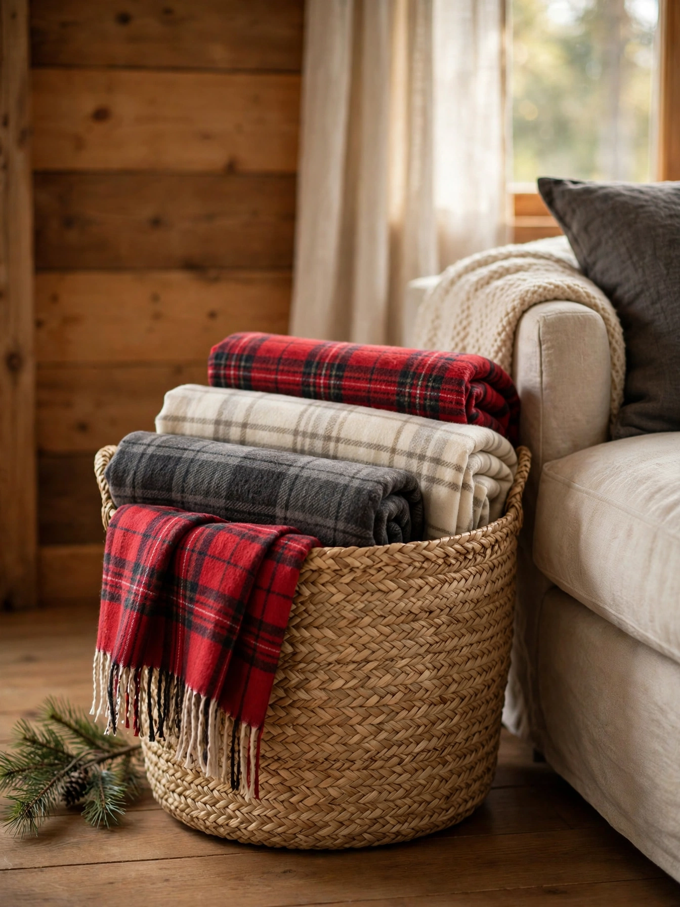 A cozy christmas decor ideas 2026 living room corner: woven basket filled with folded plaid blankets beside a sofa with one blanket draped over the rim.