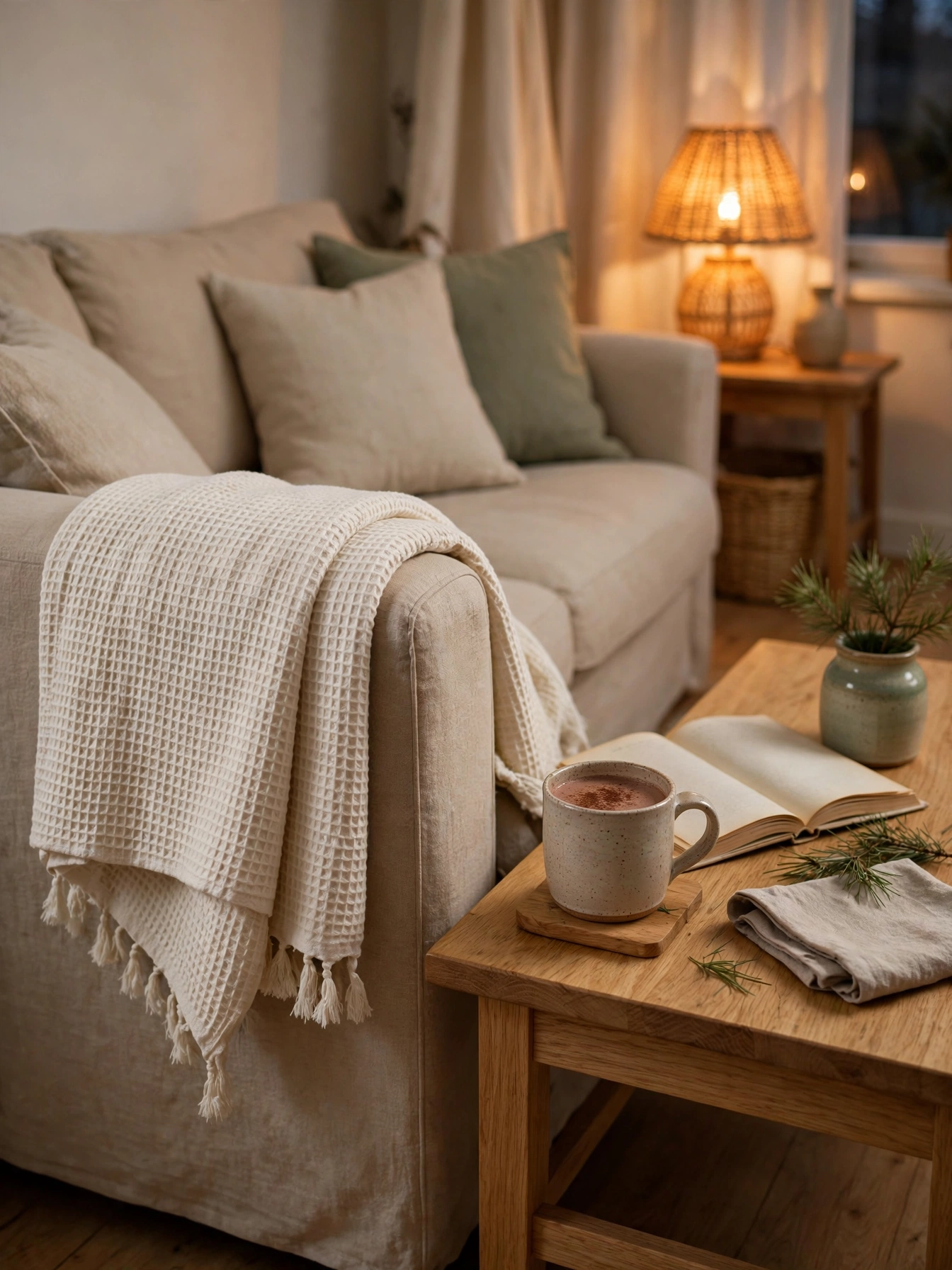 Cream waffle weave throw folded over the arm of a beige sofa beside a mug of cocoa, a cozy christmas decor ideas 2026 living room layer.