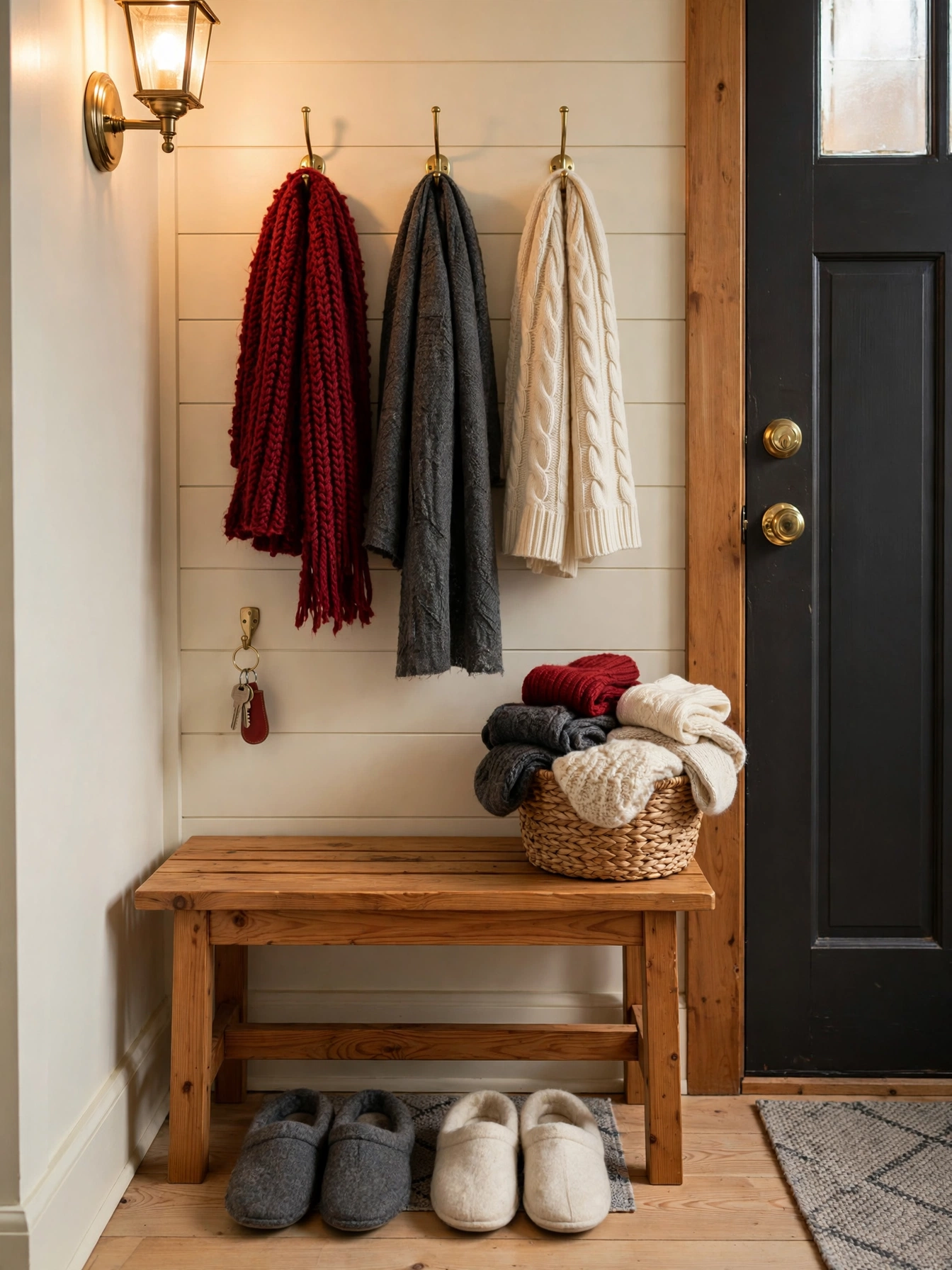 A cozy christmas decor ideas 2026 entryway: small wooden bench by a front door with slippers, a basket of thick socks, and hooks with scarves above.