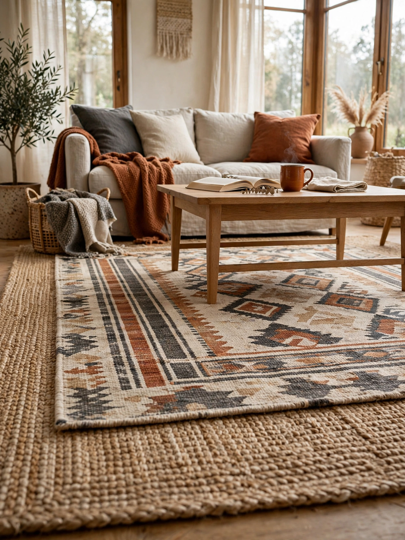 Living room with a flatweave wool rug layered over a larger jute rug under a coffee table, a cozy christmas decor ideas 2026 rug layer.
